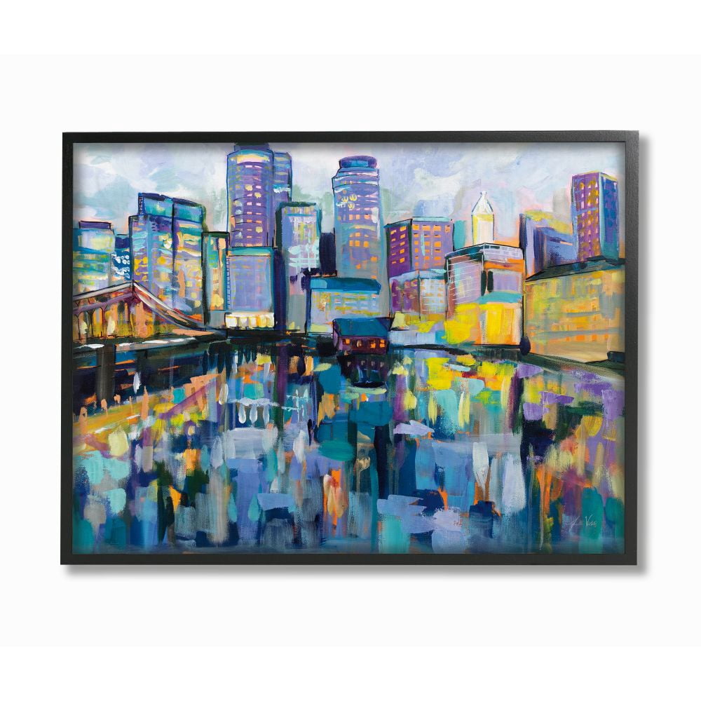 Stupell Industries Boston Harbor Abstract Cityscape Painting Black Framed Art Print Wall Art, 11x14, by Jeanette Vertentes