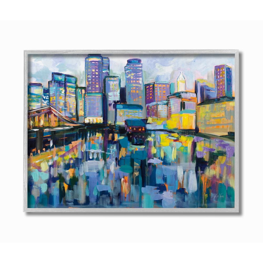 Stupell Industries Boston Harbor Abstract Cityscape Painting Framed Wall Art by Jeanette Vertentes, 11" x 14", Gray Framed