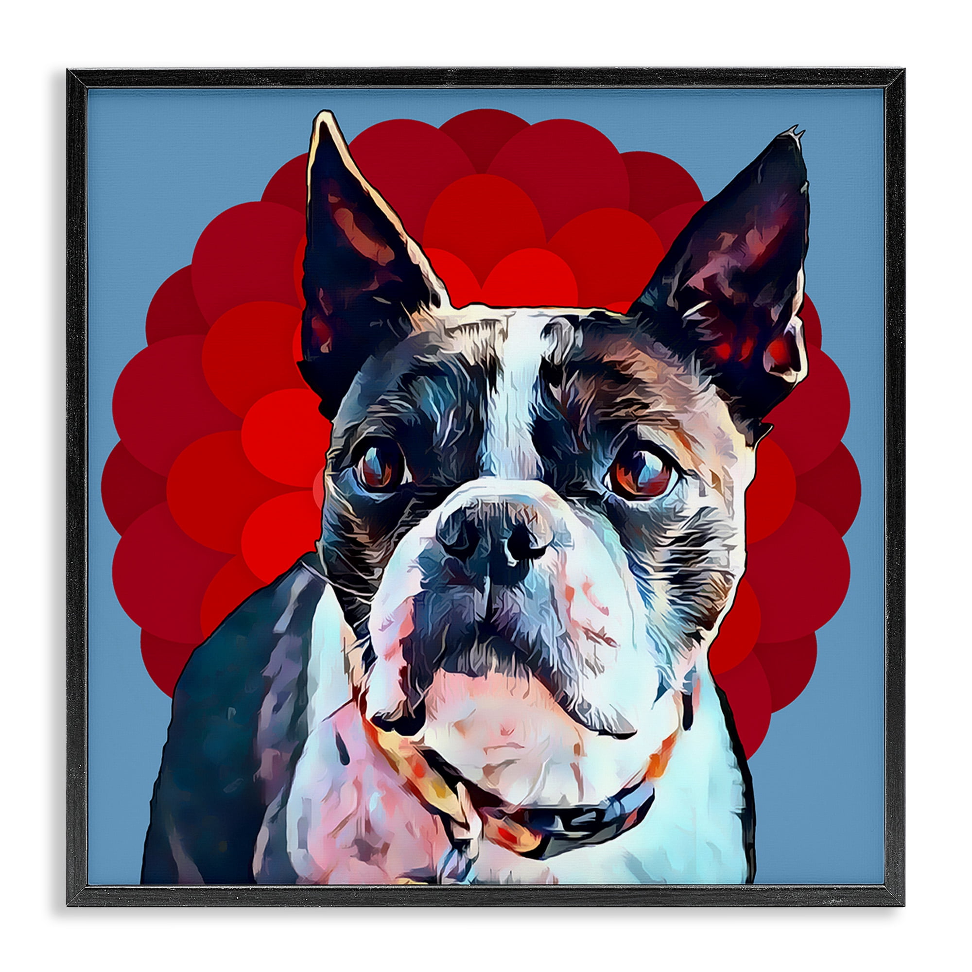 Stupell Industries Boston Terrier Dog over Geometric Animals & Insects Painting Black Framed Art Print Wall Art, 24 x 24