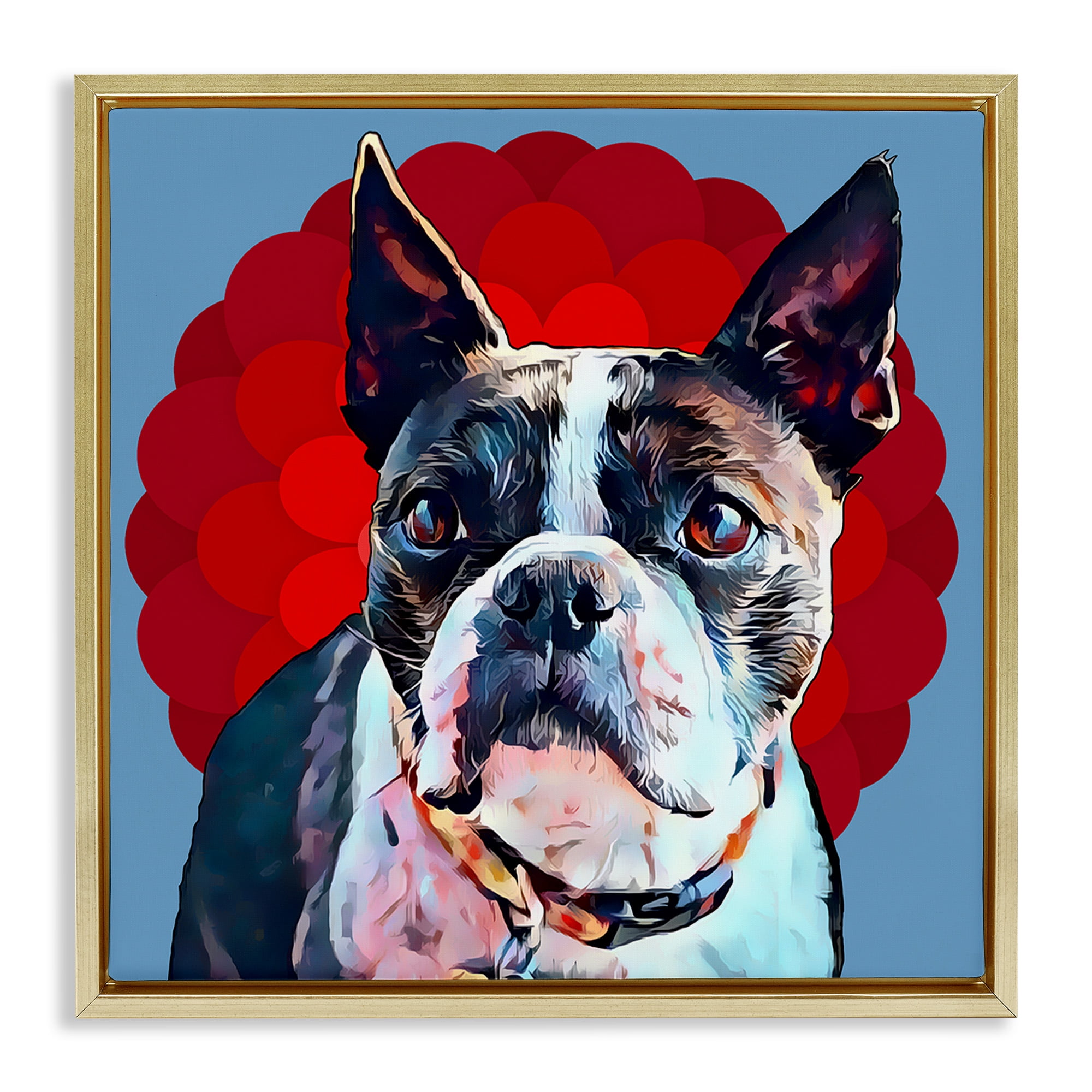 Stupell Industries Boston Terrier Dog over Geometric Animals & Insects Painting Gold Floater Framed Canvas Art Print Wall Art, 18 x 18