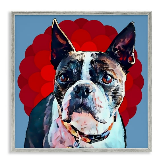 Stupell Industries Boston Terrier Dog over Geometric Animals & Insects Painting Gray Framed Art Print Wall Art, 12 x 12