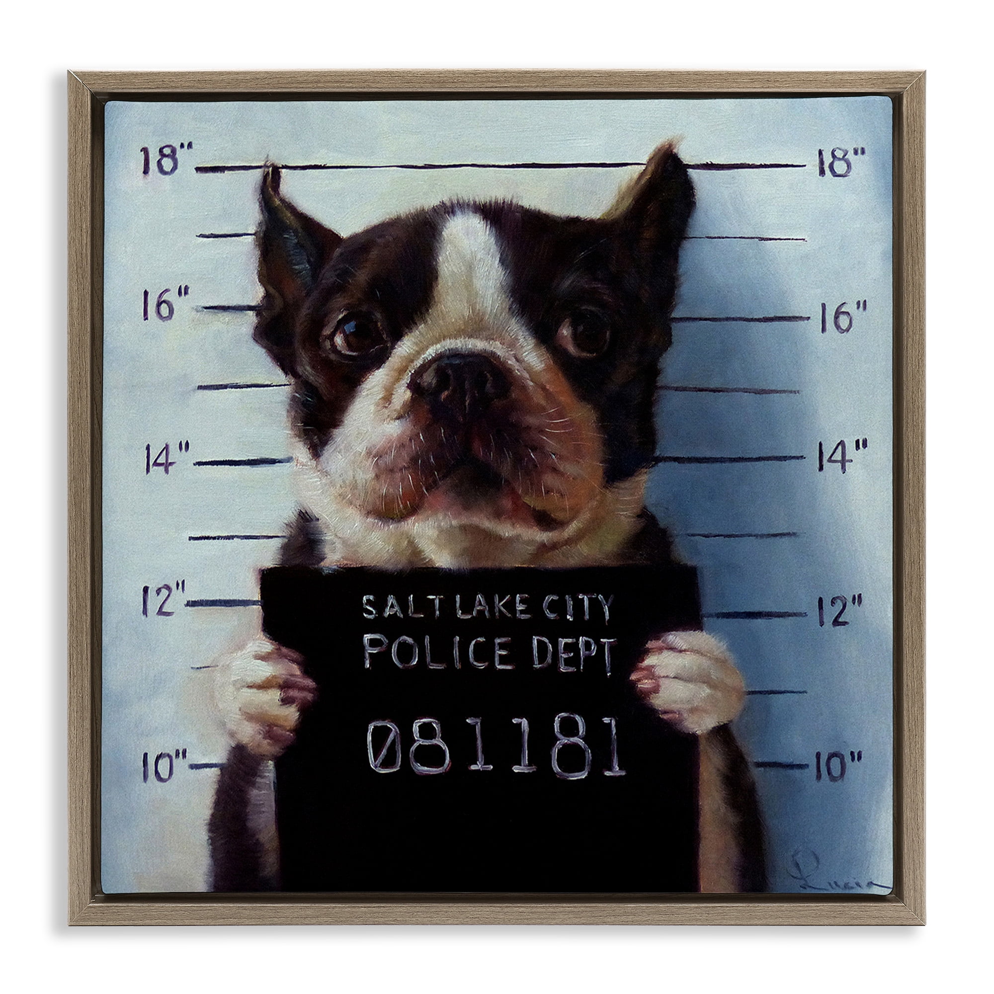 Stupell Industries Boston Terrier Jail Convicted Mugshot Animals & Insects Painting Brown Floater Framed Canvas Art Print Wall Art, 25 x 25
