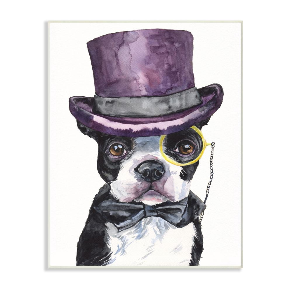 Stupell Industries Boston Terrier With Hat Dog Pet Animal Watercolor Painting Wall Plaque Art by George Dyachenko