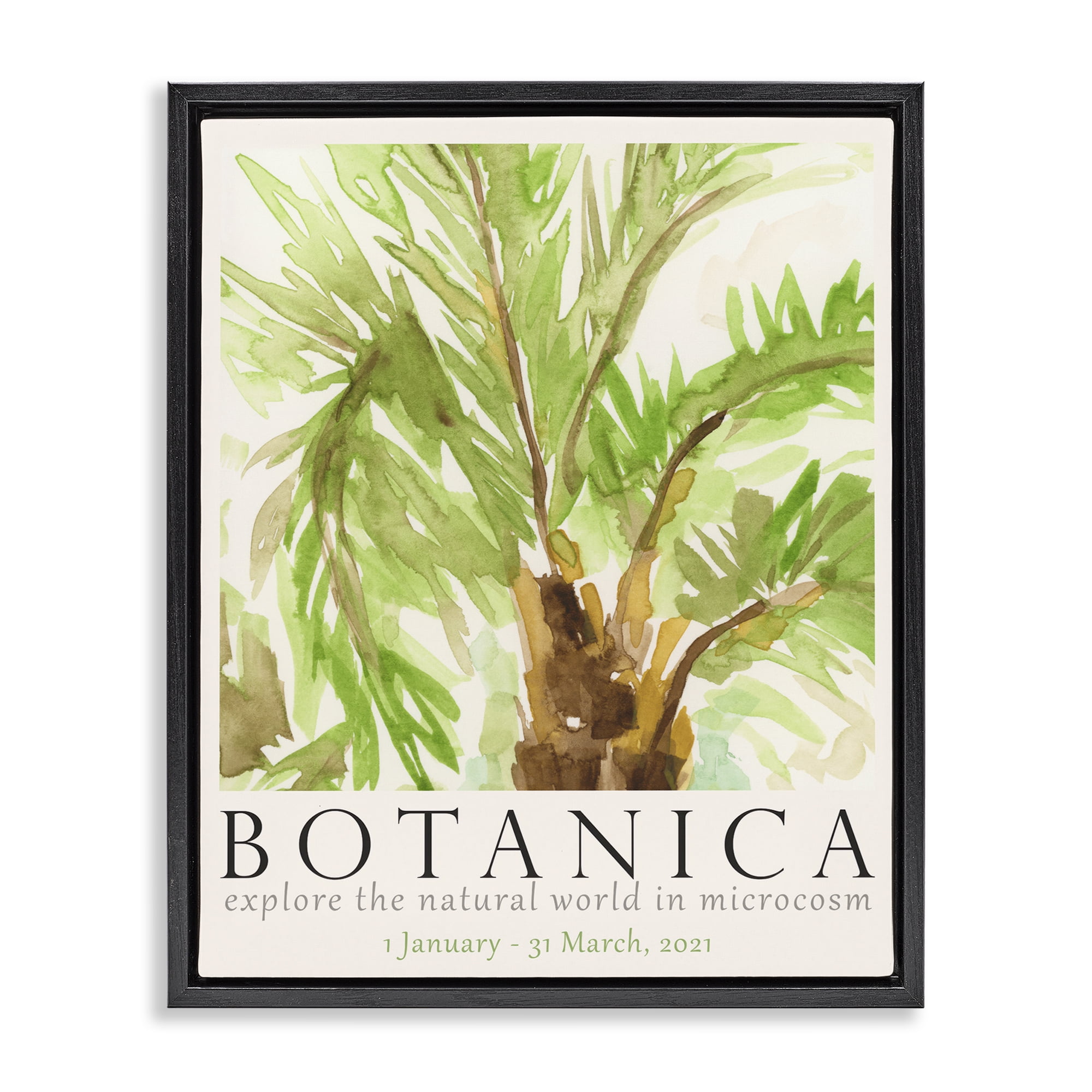 Stupell Industries Botanica Poster Palm Tree Plants & Flowers Painting Black Floater Framed Canvas Art Print Wall Art, 17 x 21