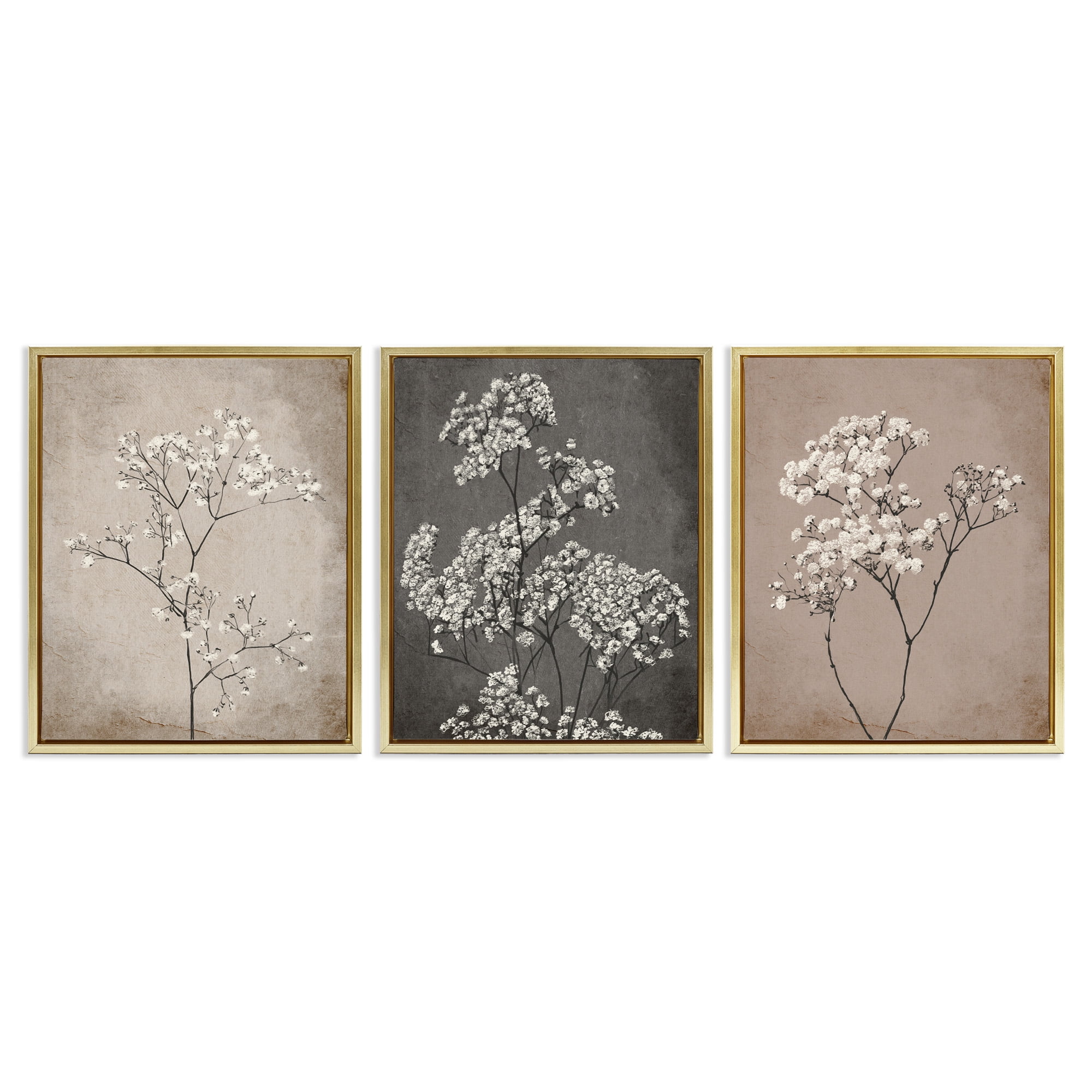 Stupell Industries Botanical Baby's Breath Herbs Botanical & Floral Painting Gold Floater Framed Canvas Art Print Wall Art, 25 x 31, Set of 3