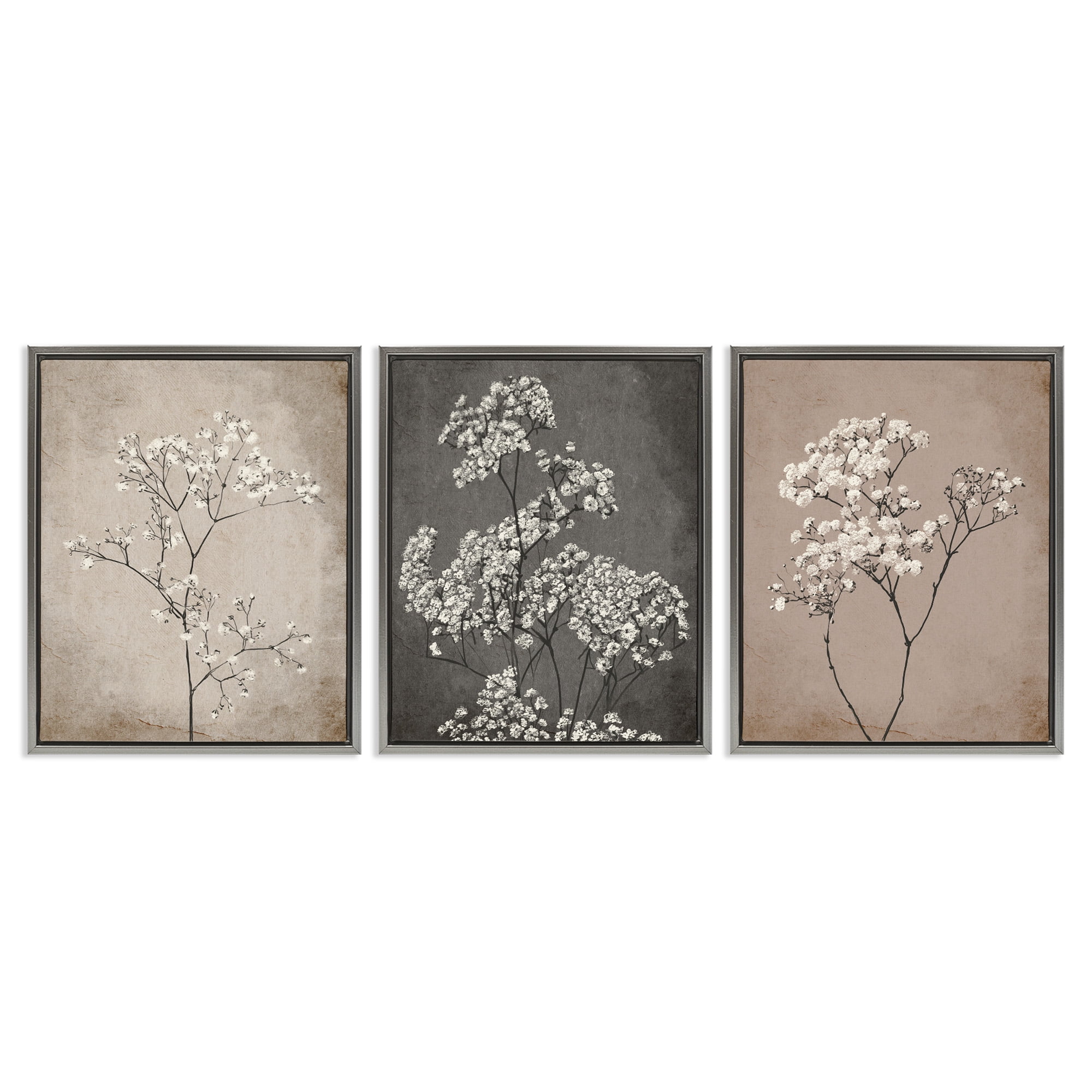 Stupell Industries Botanical Baby's Breath Herbs Botanical & Floral Painting Gray Floater Framed Canvas Art Print Wall Art, 25 x 31, Set of 3