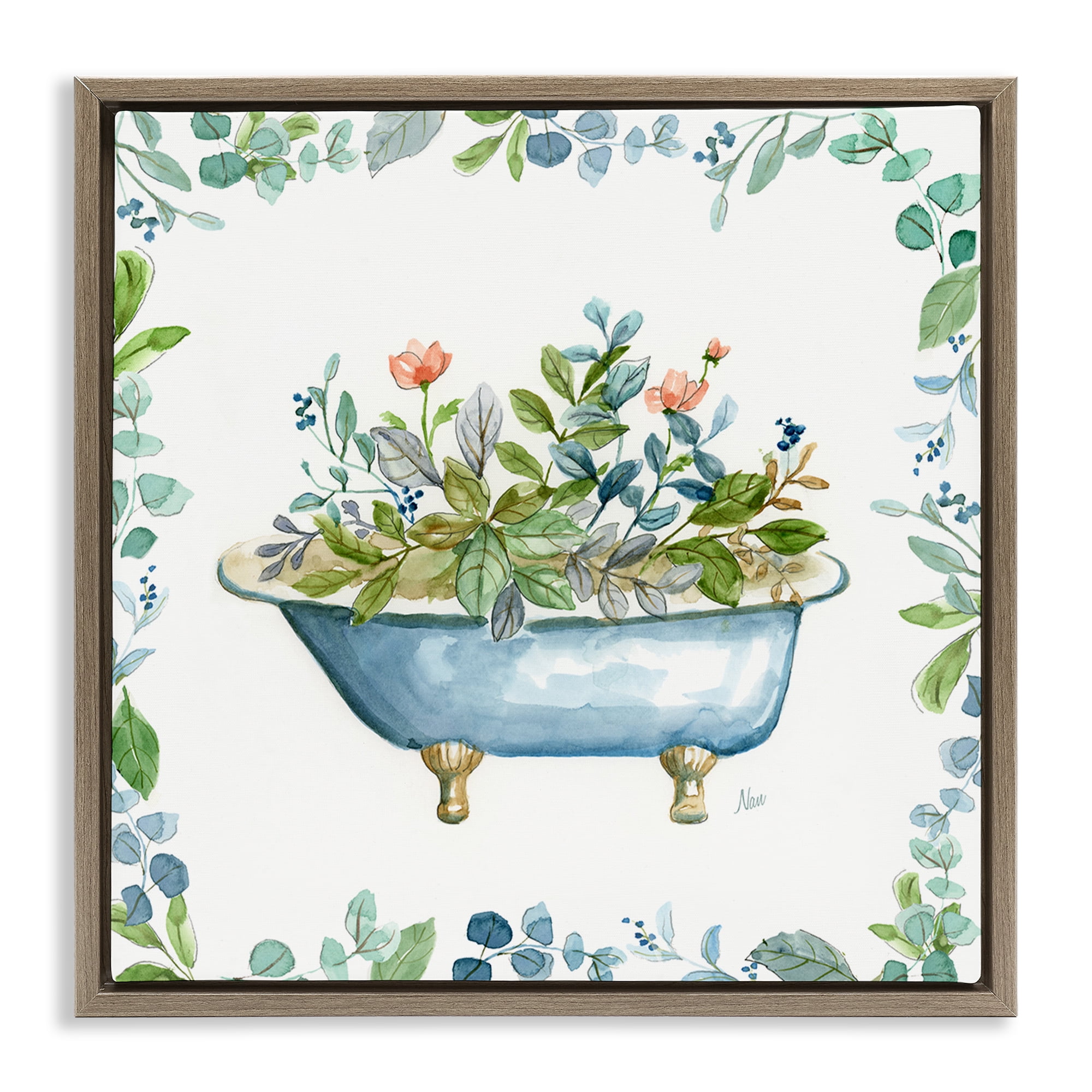 Stupell Industries Botanical Bath Tub Typography Painting Brown Floater Framed Canvas Art Print Wall Art, 18 x 18