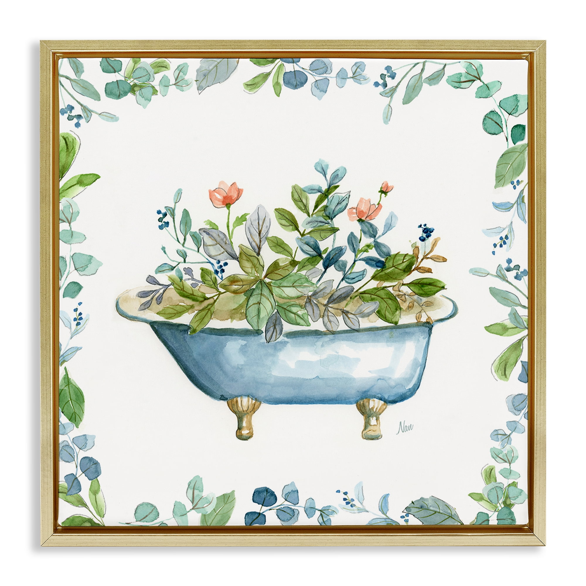 Stupell Industries Botanical Bath Tub Typography Painting Gold Floater Framed Canvas Art Print Wall Art, 25 x 25