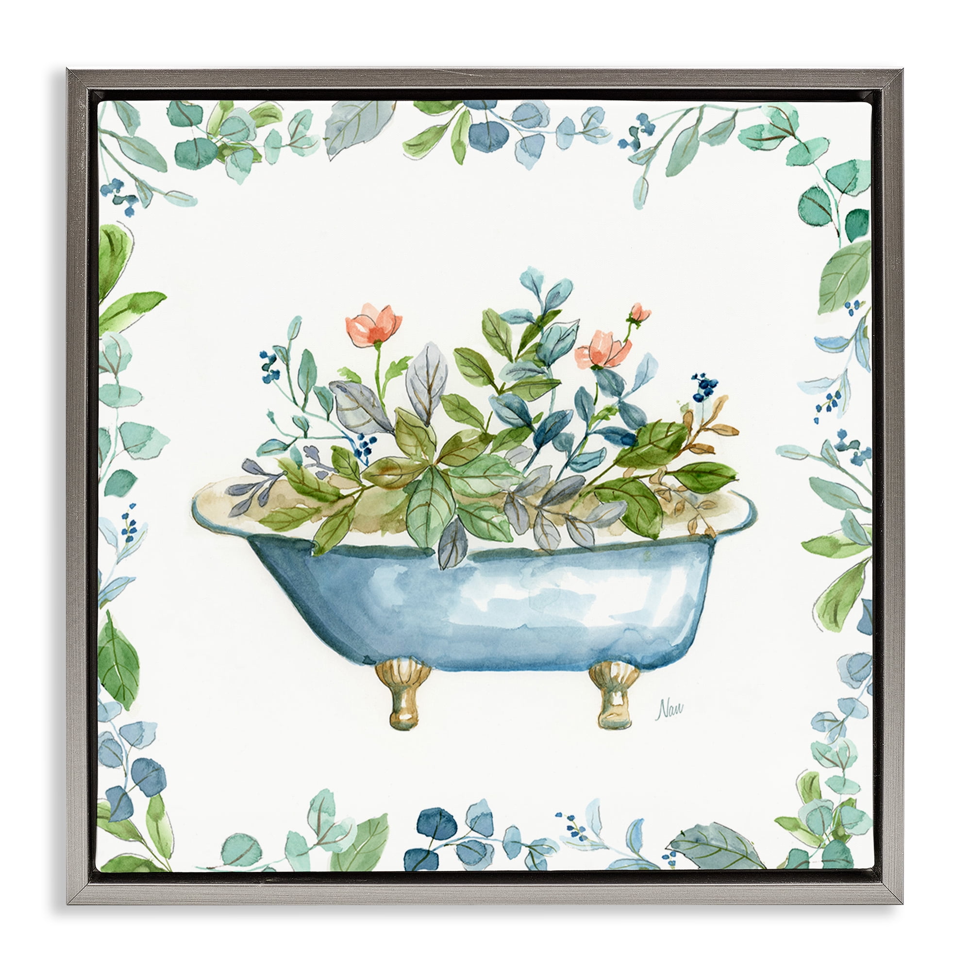 Stupell Industries Botanical Bath Tub Typography Painting Gray Floater Framed Canvas Art Print Wall Art, 18 x 18