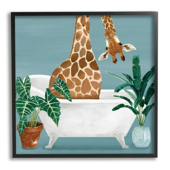 Stupell Industries Botanical Bathroom Giraffe Animals & Insects Painting Black Framed Art Print Wall Art, 12 x 12