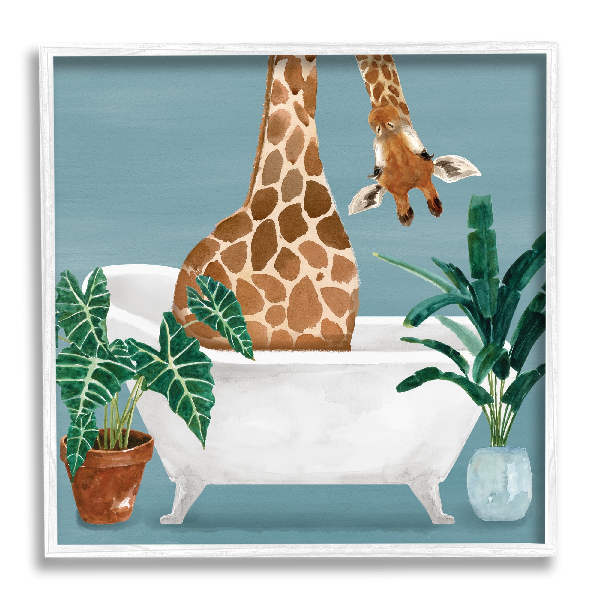 Stupell Industries Botanical Bathroom Giraffe Animals & Insects Painting White Framed Art Print Wall Art, 24 x 24