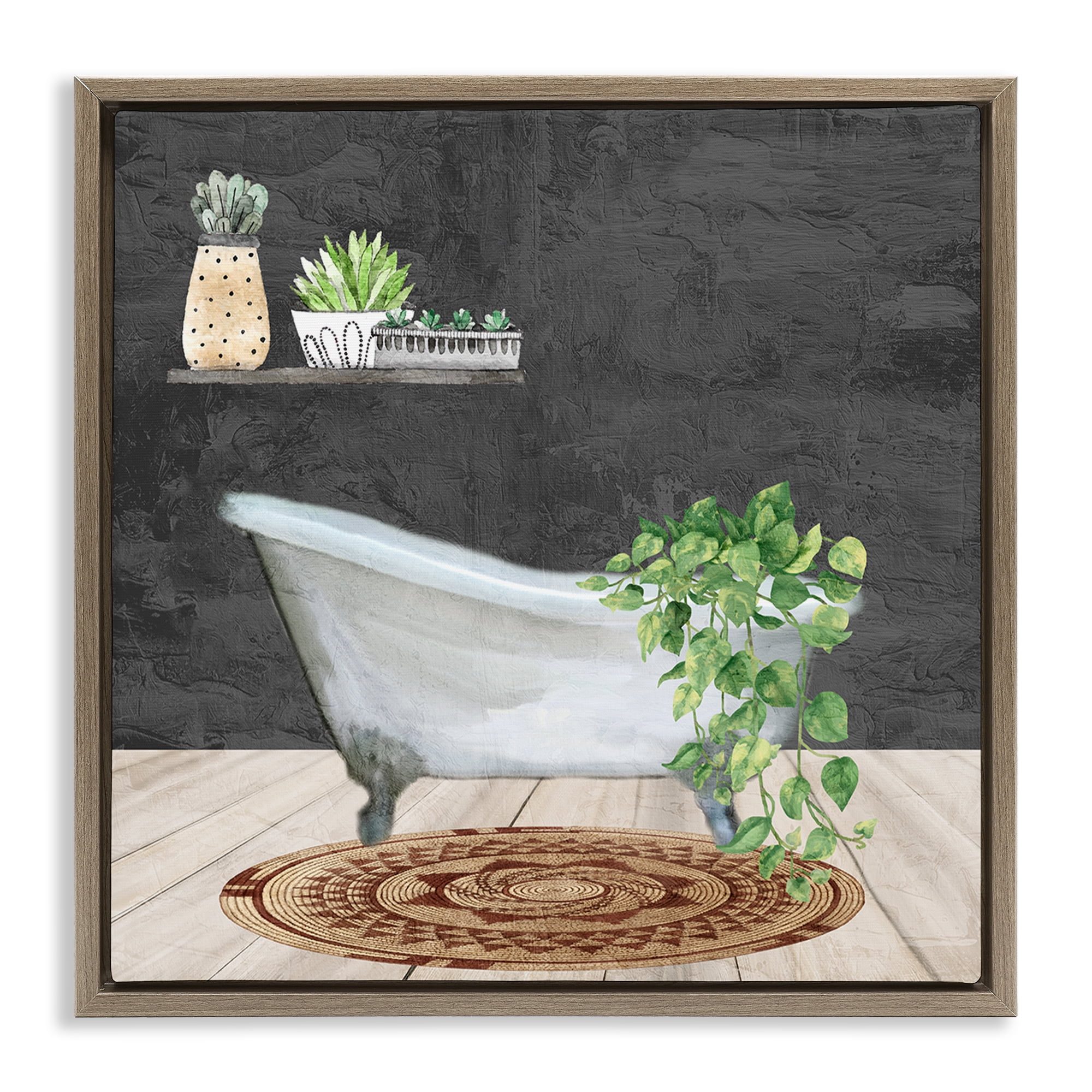Stupell Industries Botanical Bathtub Scene Bath & Laundry Painting Brown Floater Framed Canvas Art Print Wall Art, 18 x 18