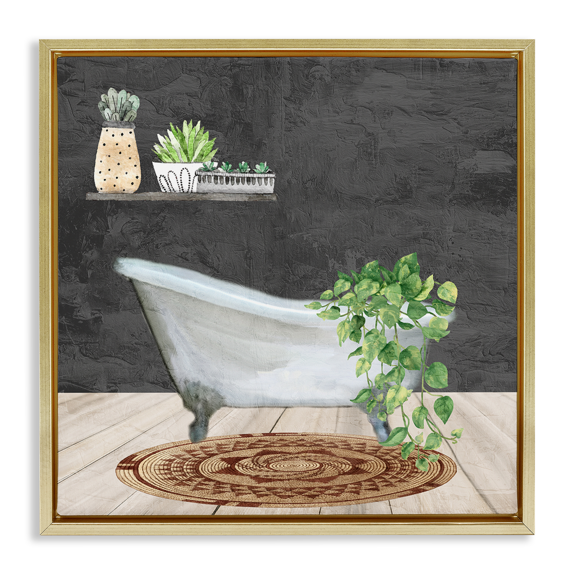 Stupell Industries Botanical Bathtub Scene Bath & Laundry Painting Gold Floater Framed Canvas Art Print Wall Art, 25 x 25
