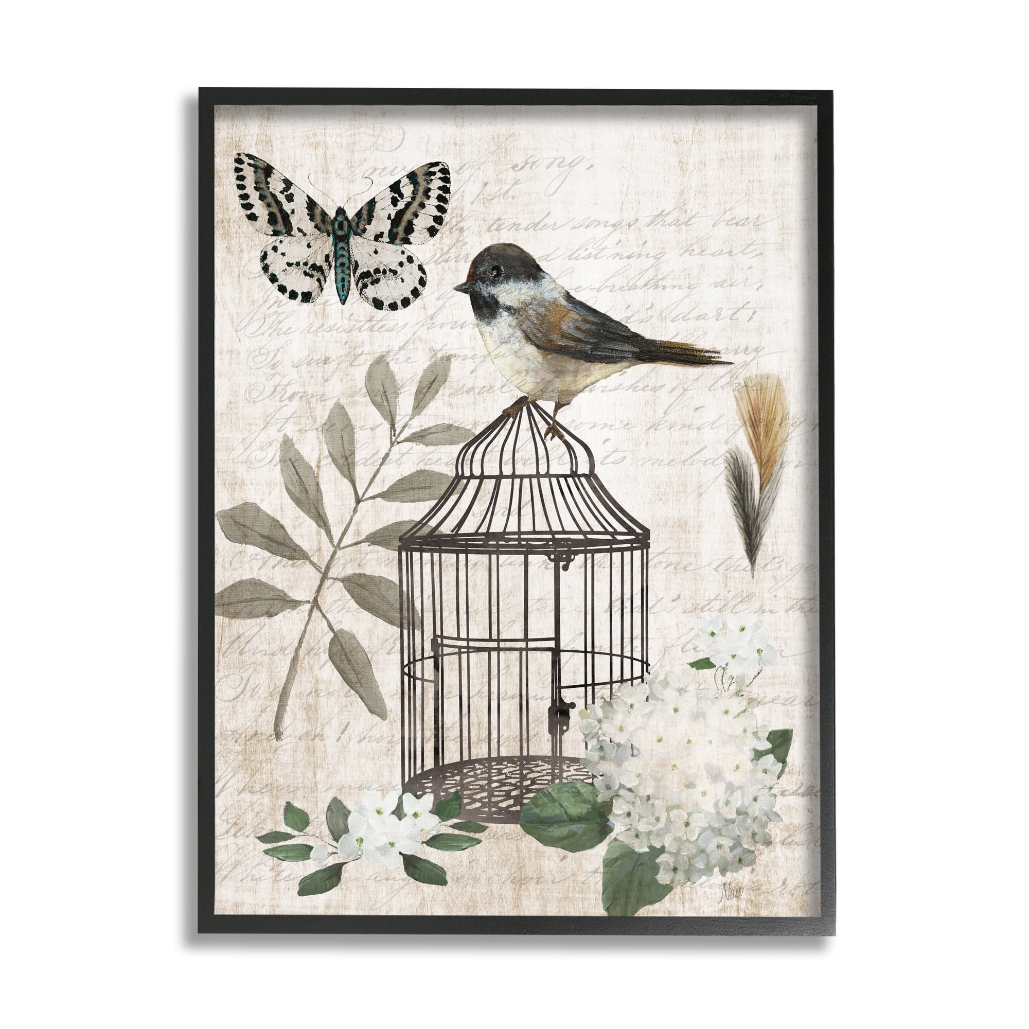 Stupell Industries Botanical Bird Cage Vintage Words Butterfly Motif Graphic Art Black Framed Art Print Wall Art, Design by Nan