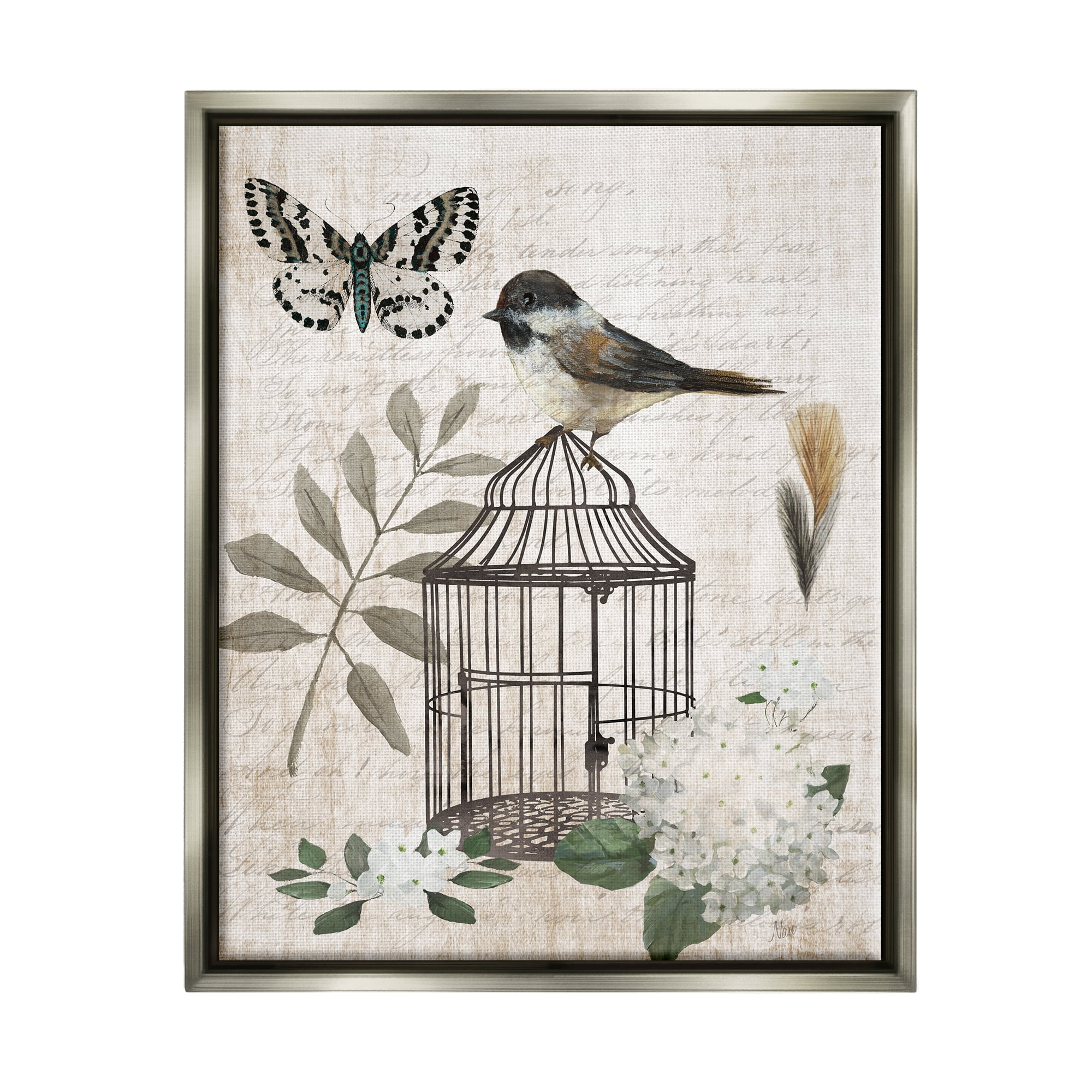 Stupell Industries Botanical Bird Cage Vintage Words Butterfly Motif Graphic Art Luster Gray Floating Framed Canvas Print Wall Art, Design by Nan