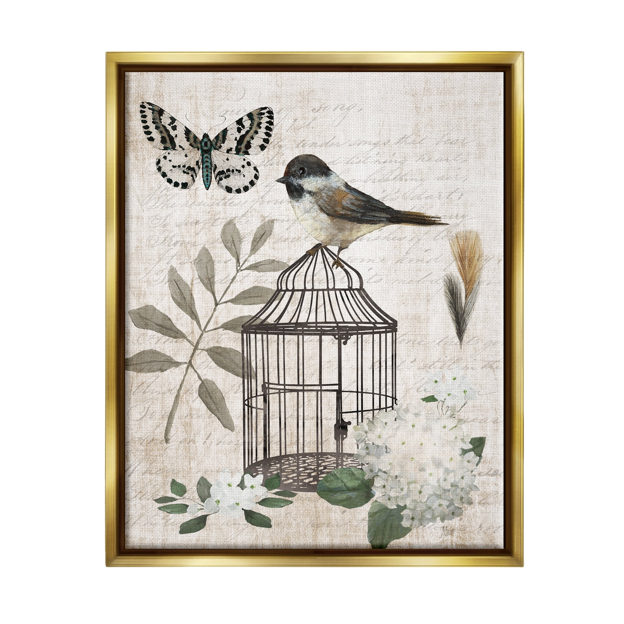 Stupell Industries Botanical Bird Cage Vintage Words Butterfly Motif Graphic Art Metallic Gold Floating Framed Canvas Print Wall Art, Design by Nan