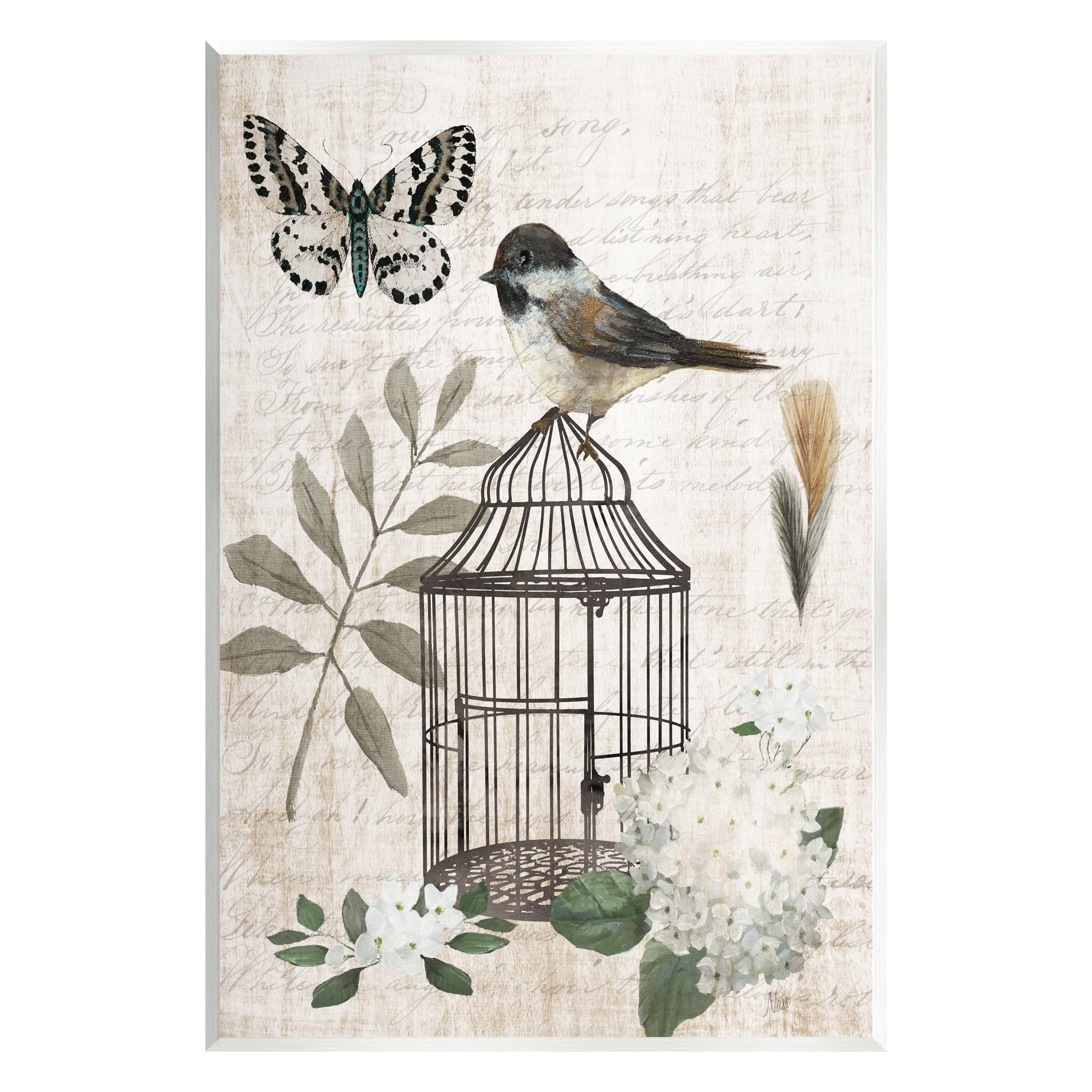 Stupell Industries Botanical Bird Cage Vintage Words Butterfly Motif Graphic Art Unframed Art Print Wall Art, Design by Nan