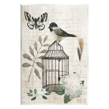 Stupell Industries Botanical Bird Cage Vintage Words Butterfly Motif Graphic Art Unframed Art Print Wall Art, Design by Nan