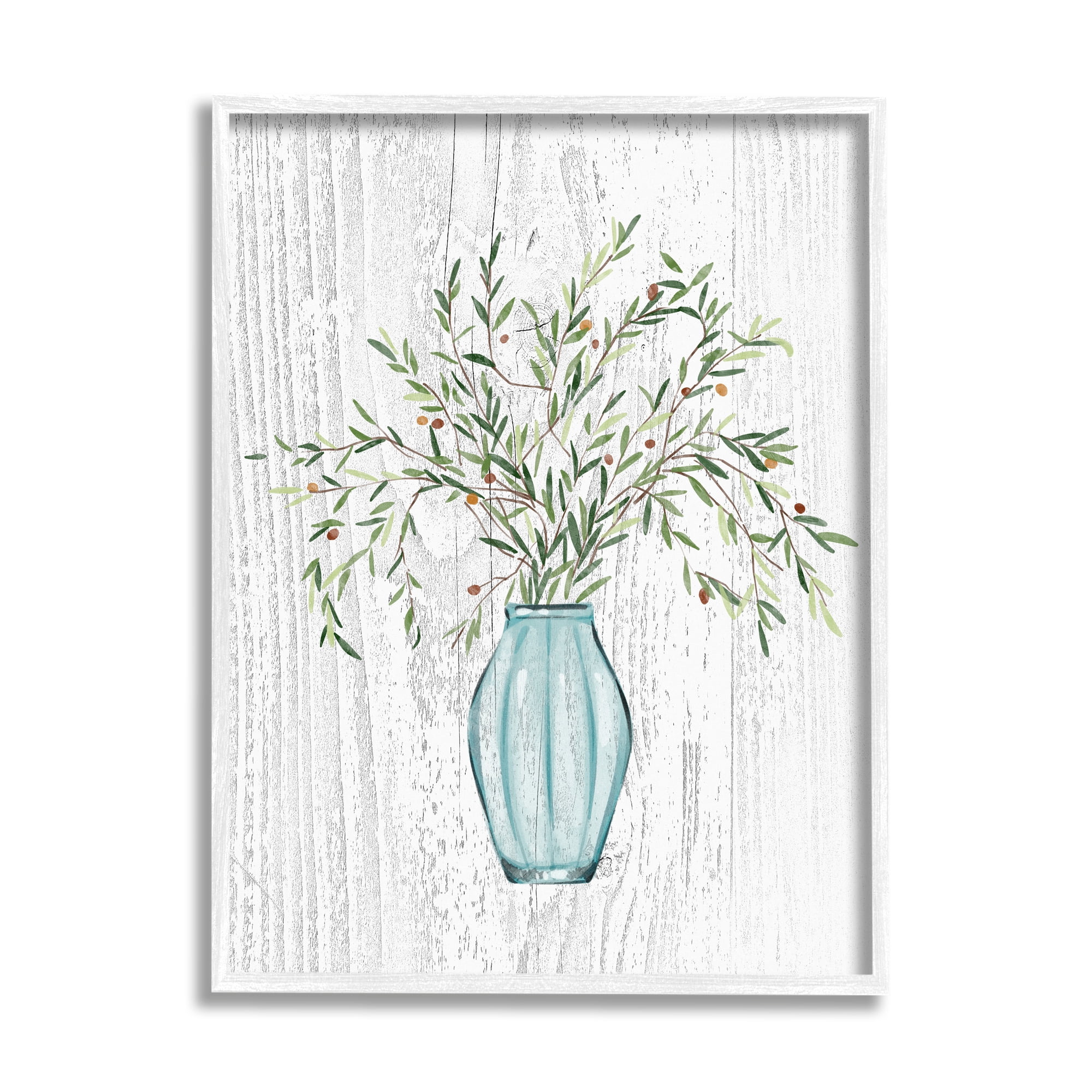 Stupell Industries Botanical Bouquet Vase Hanging Leaves Grain Pattern Graphic Art White Framed Art Print Wall Art, Design by Ziwei Li