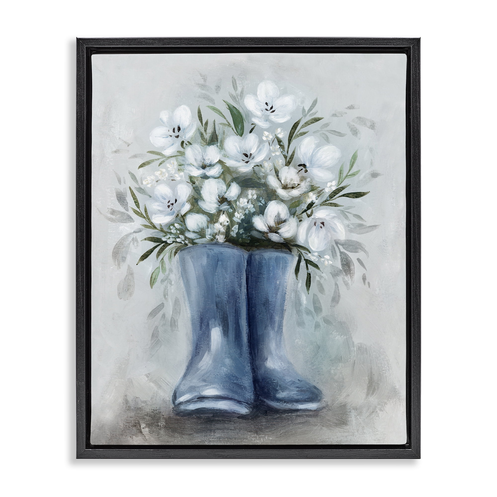 Stupell Industries Botanical Bouquet in Blue Boots Black Framed Floater Canvas Wall Art, design by Kristen Brockmon
