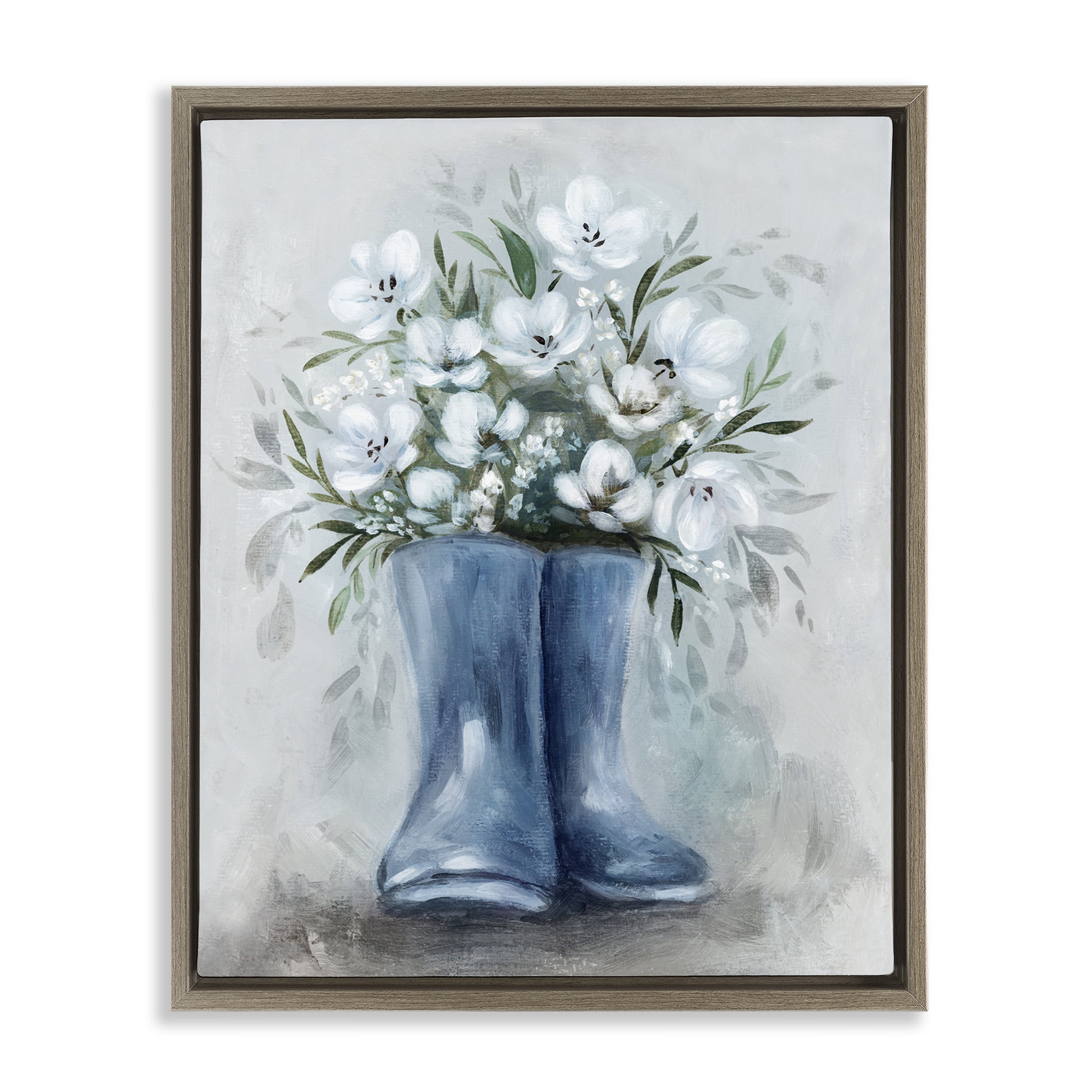 Stupell Industries Botanical Bouquet in Blue Boots Brown Framed Floater Canvas Wall Art, design by Kristen Brockmon