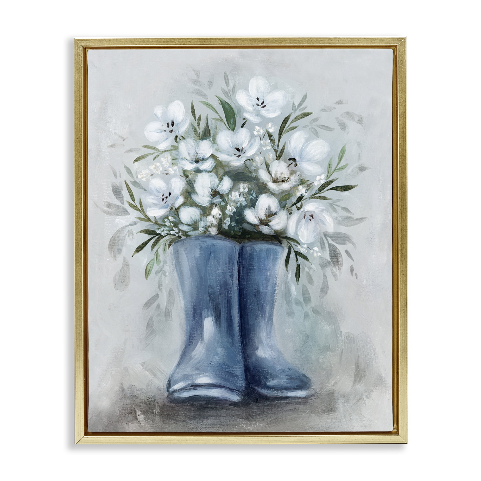 Stupell Industries Botanical Bouquet in Blue Boots Gold Framed Floater Canvas Wall Art, design by Kristen Brockmon