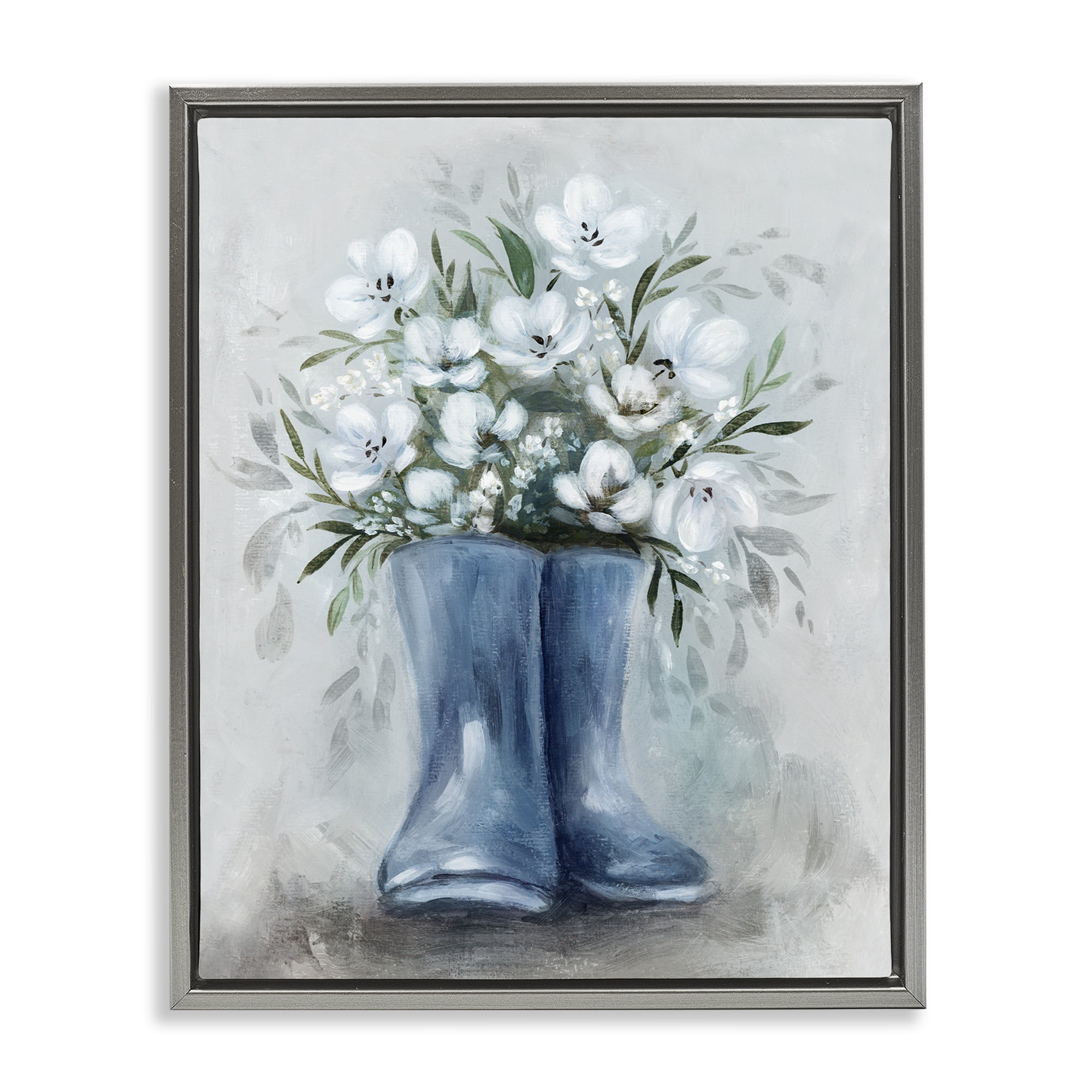 Stupell Industries Botanical Bouquet in Blue Boots Gray Framed Floater Canvas Wall Art, design by Kristen Brockmon