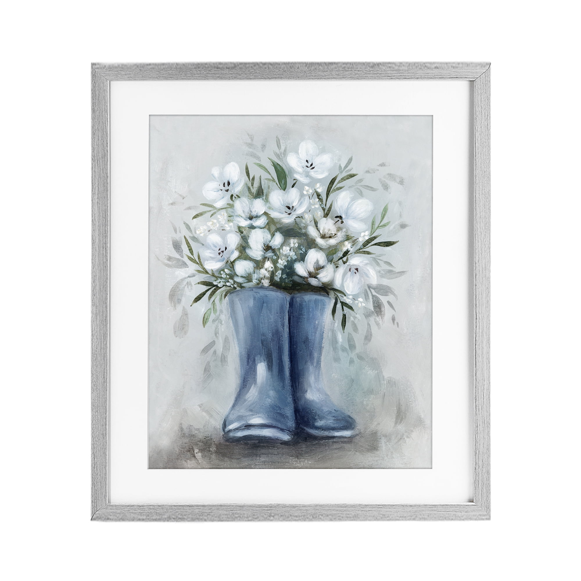 Stupell Industries Botanical Bouquet in Blue Boots Gray Framed Print Under Glass, design by Kristen Brockmon