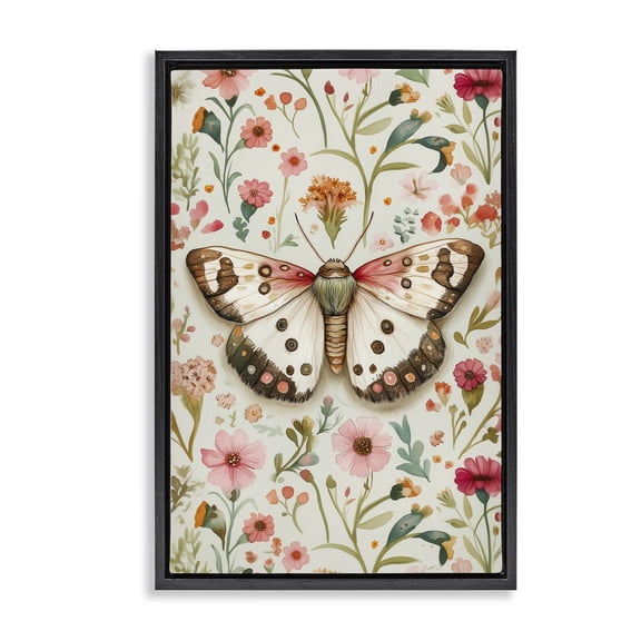 Stupell Industries Botanical Butterfly on Florals Floral Painting Black Floater Framed Canvas Art Print Wall Art, 17 x 25