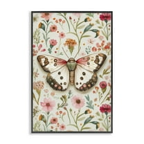 Stupell Industries Botanical Butterfly on Florals Floral Painting Black Framed Art Print Wall Art, 12 x 18