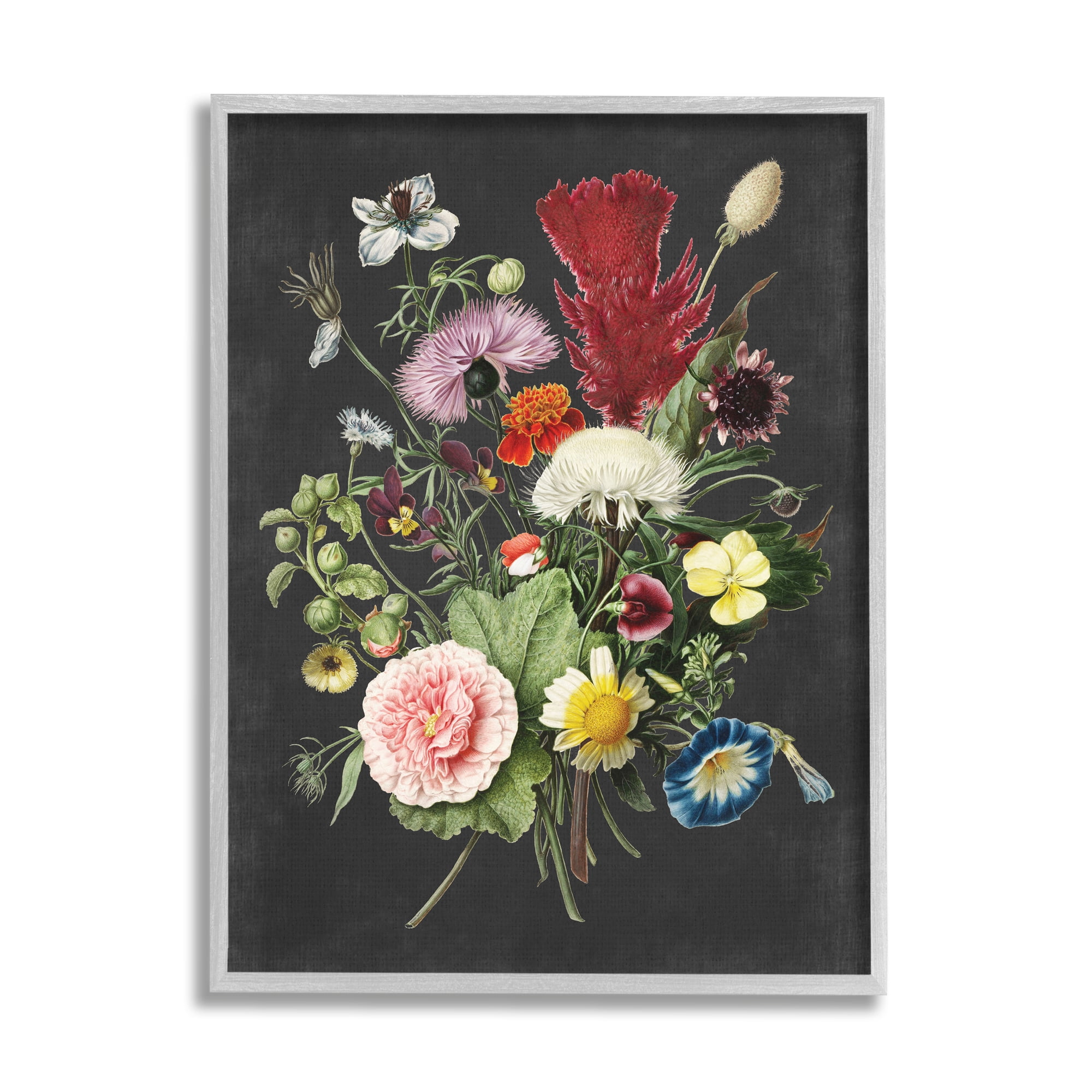 Stupell Industries Botanical Drawing Flower Bouquet On Black Design Graphic Art Gray Framed Art Print Wall Art, 16x20, by Lettered and Lined