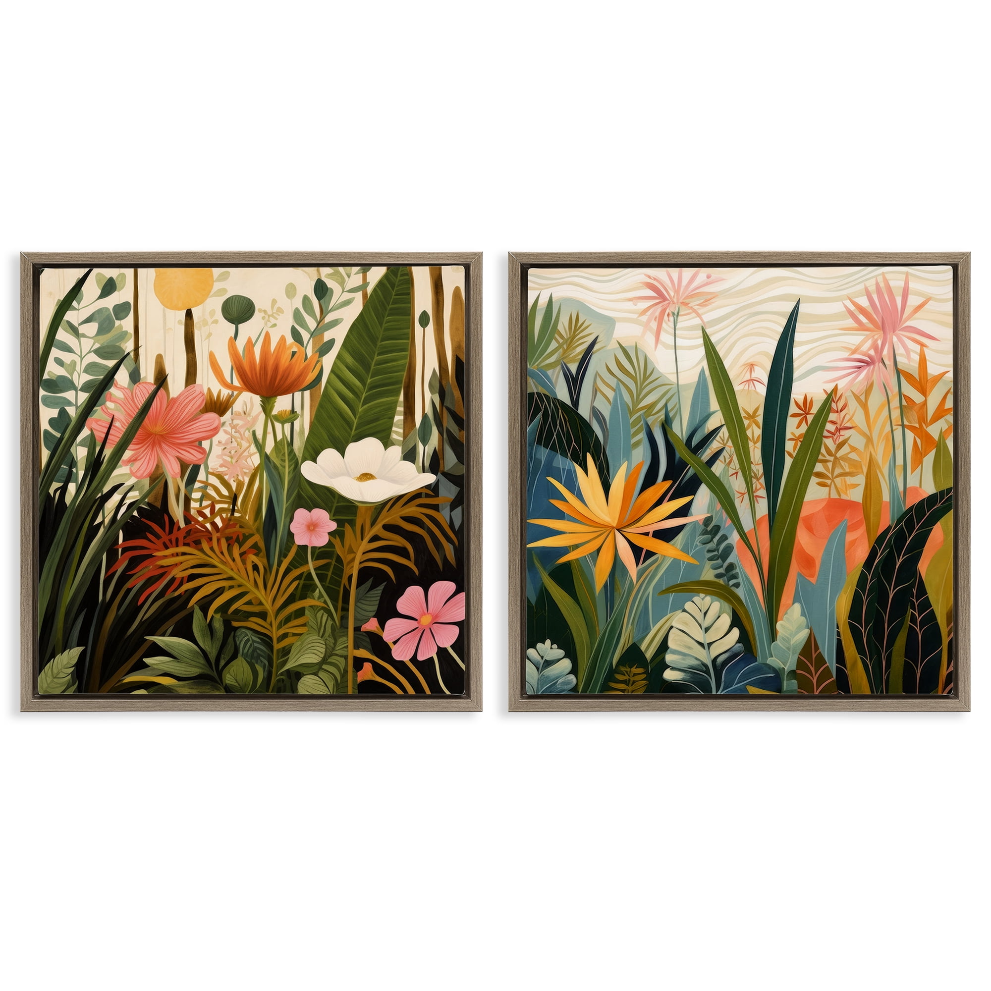 Stupell Industries Botanical Embrace Blooms 2 Piece Brown Framed Floater Canvas Set, design by Lazar Studio
