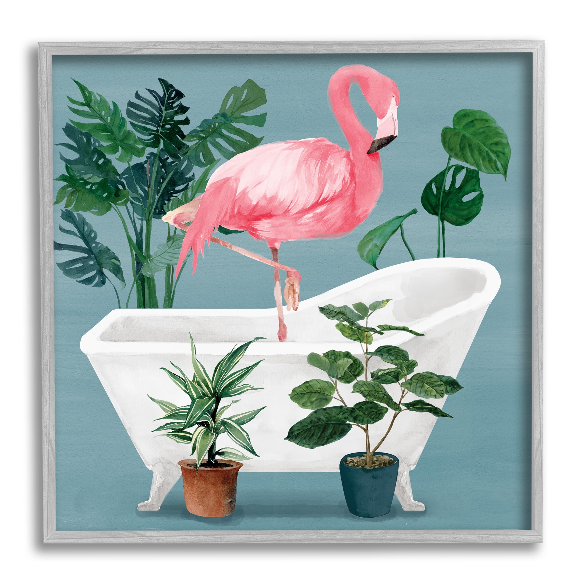 Stupell Industries Botanical Flamingo Bathroom Animals & Insects Painting Gray Framed Art Print Wall Art, 17 x 17