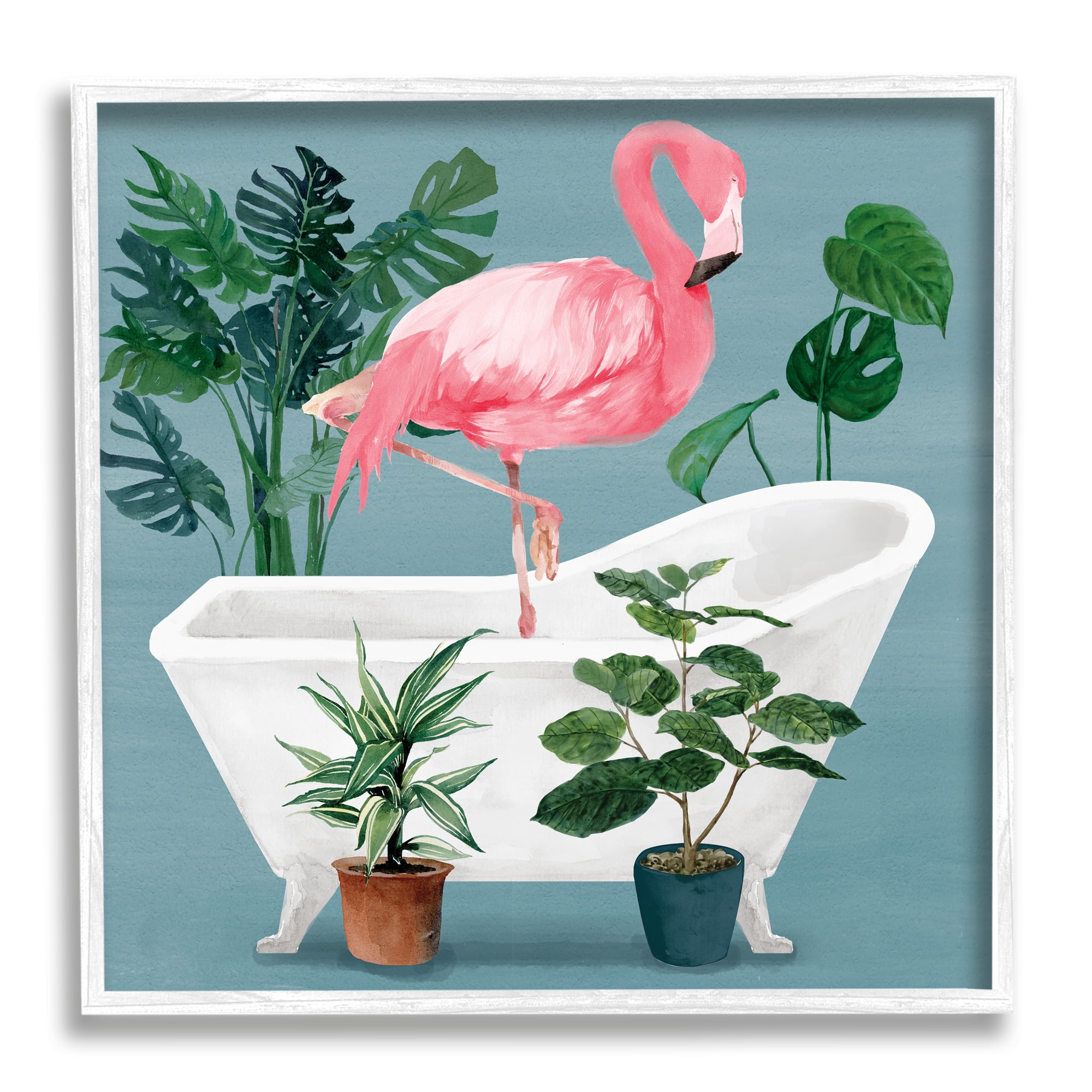 Stupell Industries Botanical Flamingo Bathroom Animals & Insects Painting White Framed Art Print Wall Art, 17 x 17