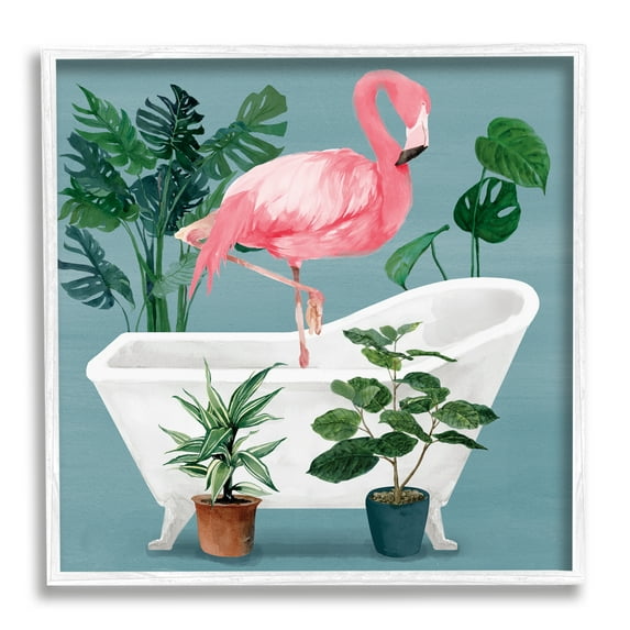 Stupell Industries Botanical Flamingo Bathroom Animals & Insects Painting White Framed Art Print Wall Art, 24 x 24
