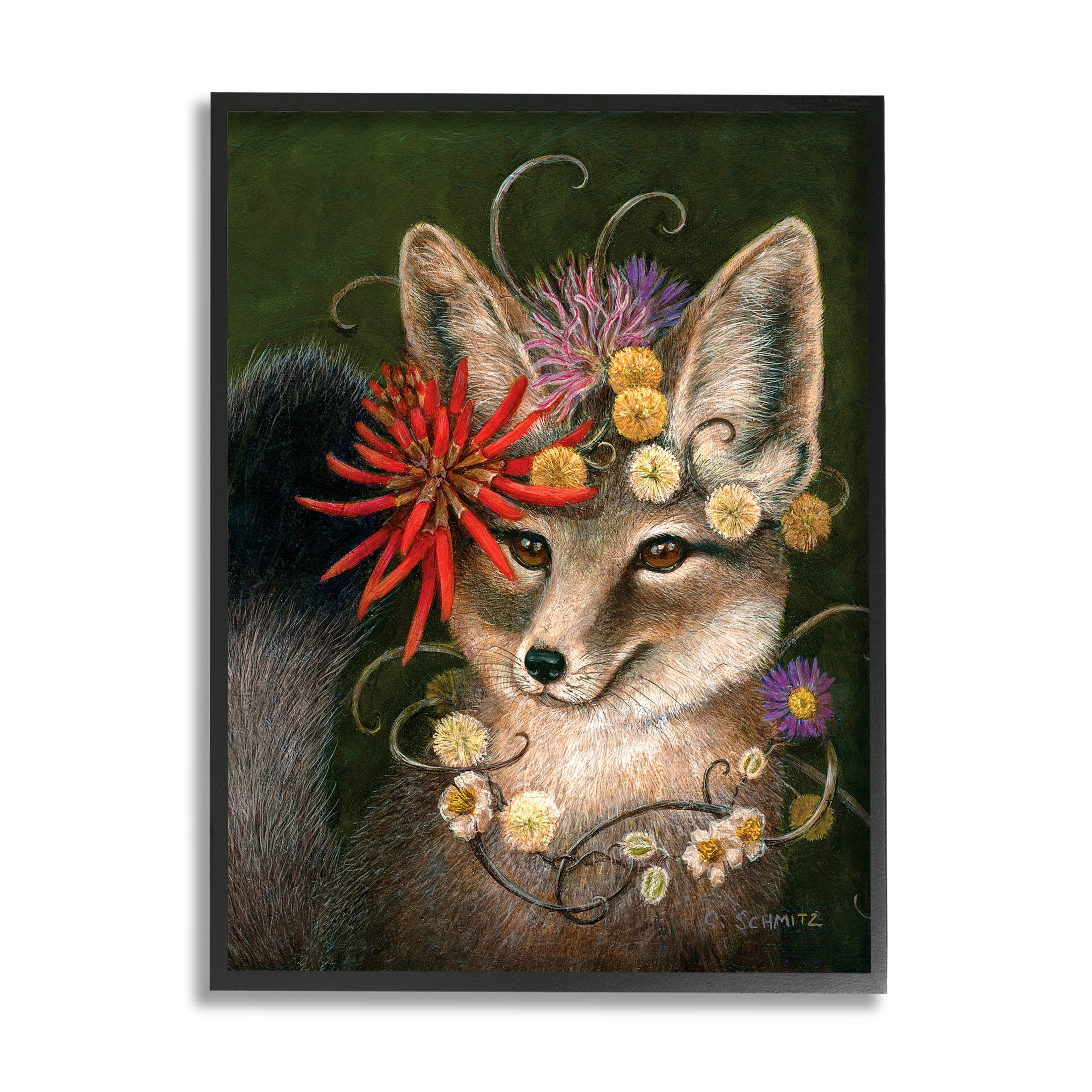 Stupell Industries Botanical Fox Flowers Painting Black Framed Art Print Wall Art, Design by Carolyn Schmitz
