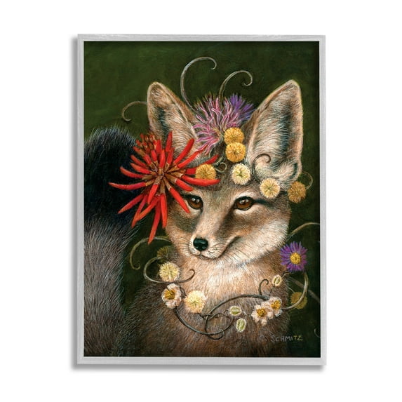 Stupell Industries Botanical Fox Flowers Painting Gray Framed Art Print Wall Art, Design by Carolyn Schmitz