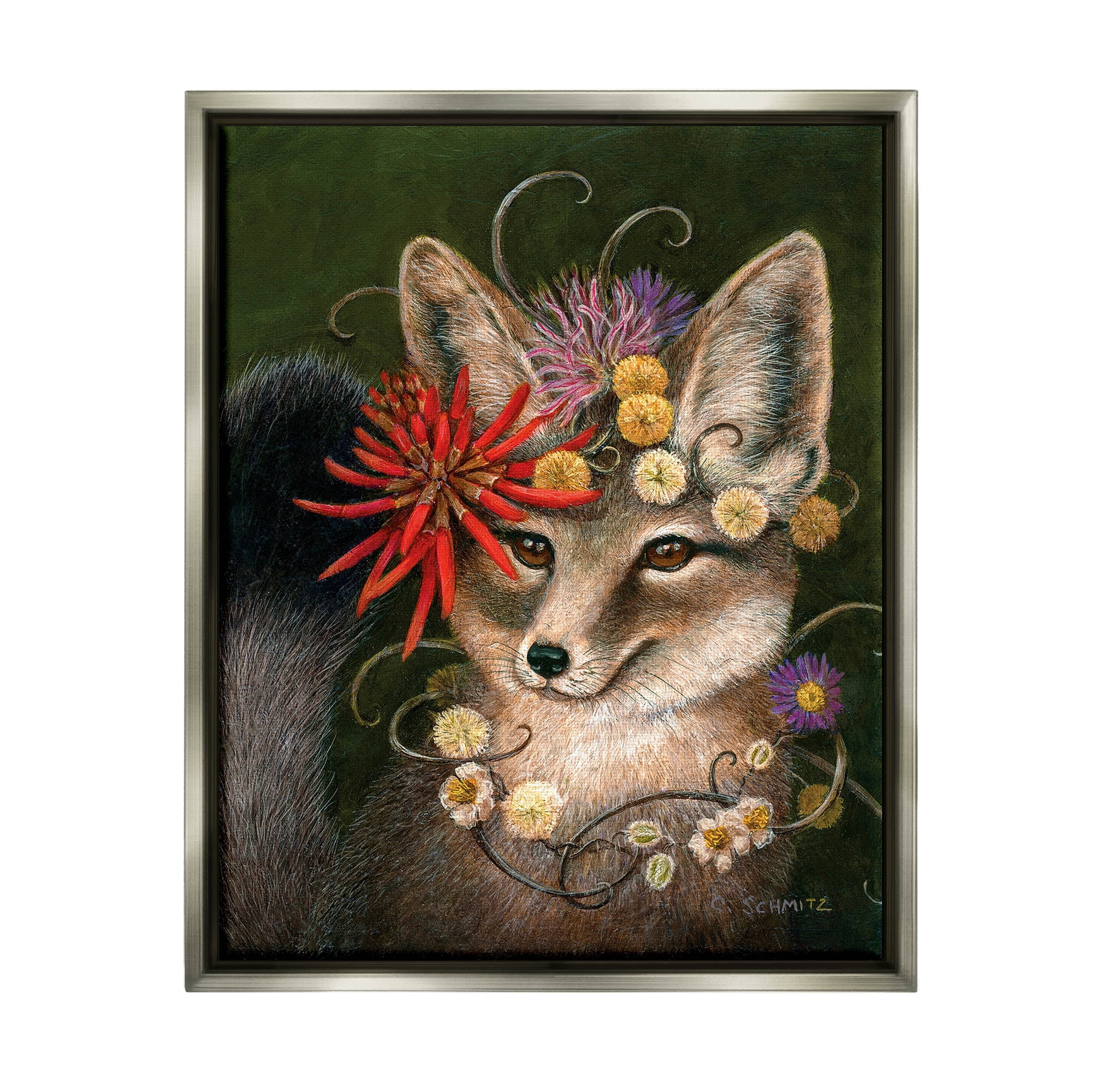 Stupell Industries Botanical Fox Flowers Painting Luster Gray Floating Framed Canvas Print Wall Art, Design by Carolyn Schmitz