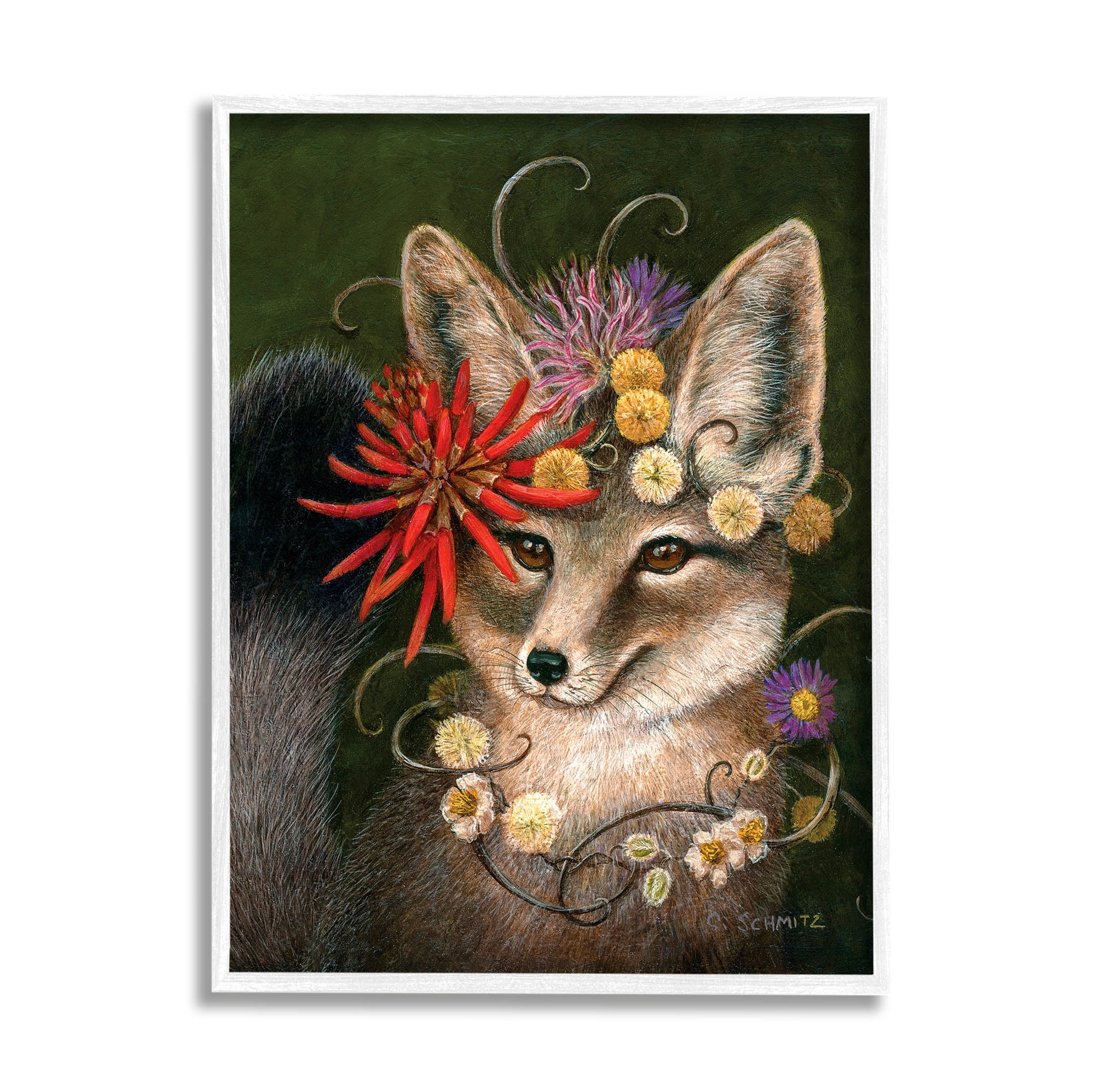 Stupell Industries Botanical Fox Flowers Painting White Framed Art Print Wall Art, Design by Carolyn Schmitz