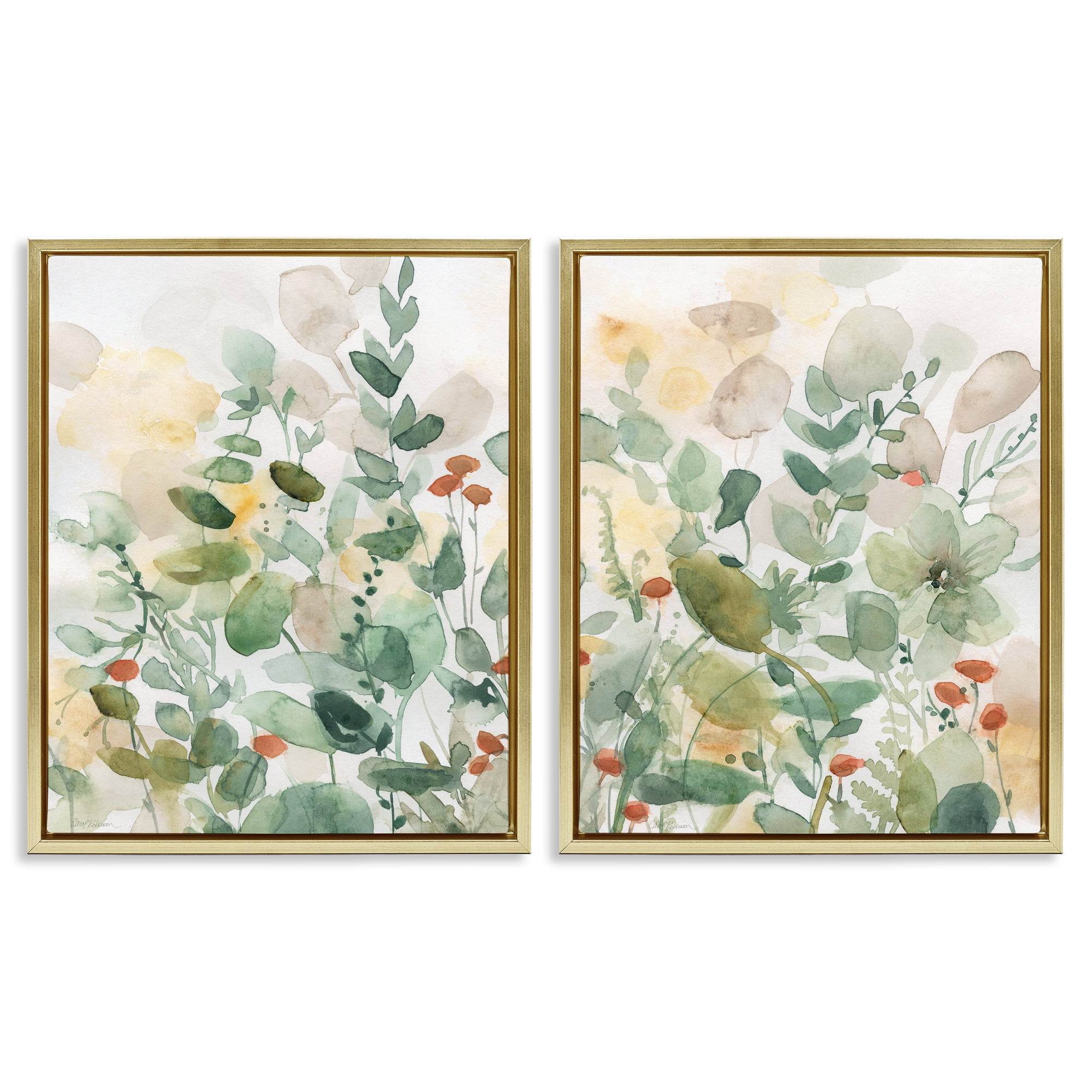 Stupell Industries Botanical Garlands Abstract Plants & Flowers Painting Gold Floater Framed Canvas Art Print Wall Art, 17 x 21, Set of 2