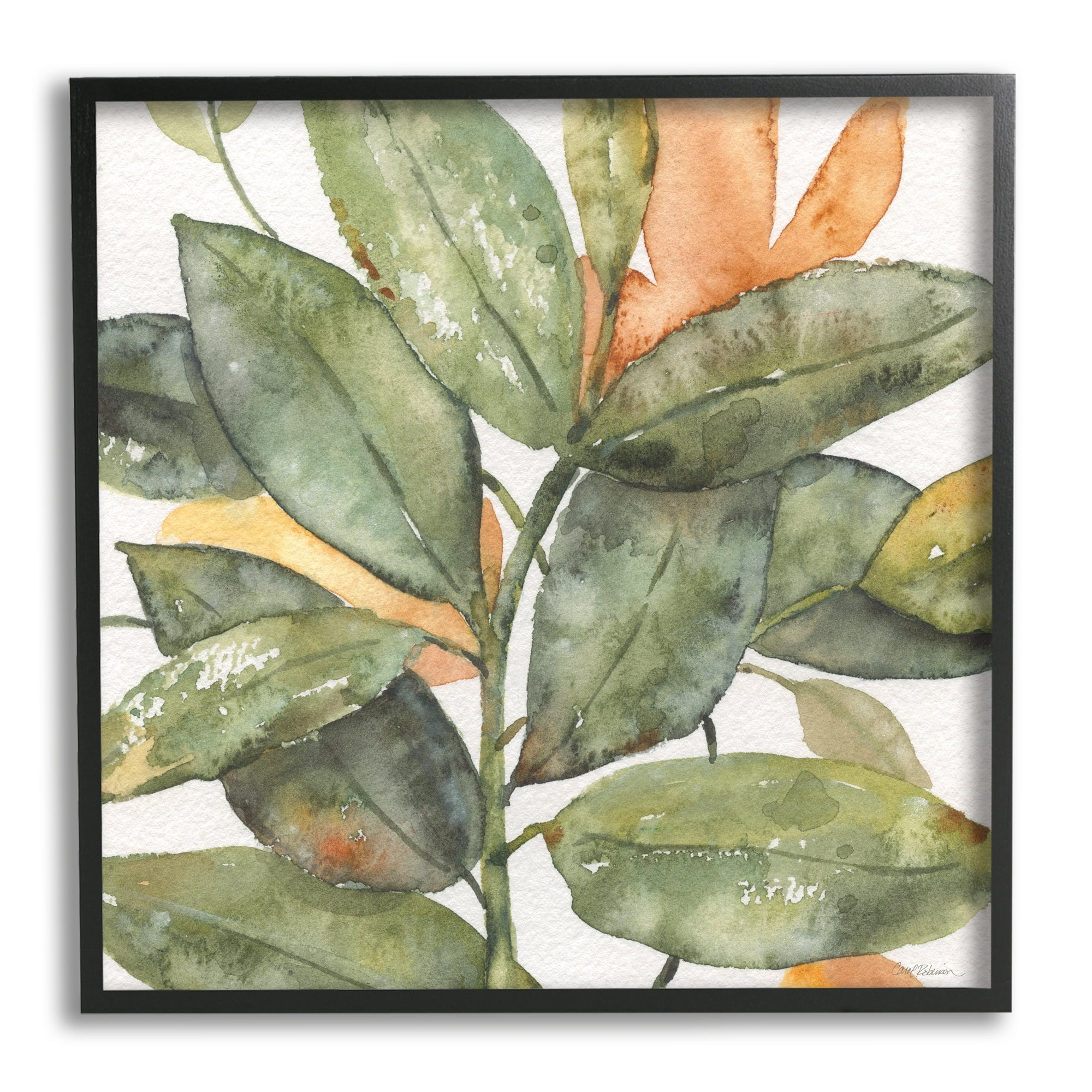 Botanical Watercolor Leaves Canvas Print with Black Frame, 12 x 12