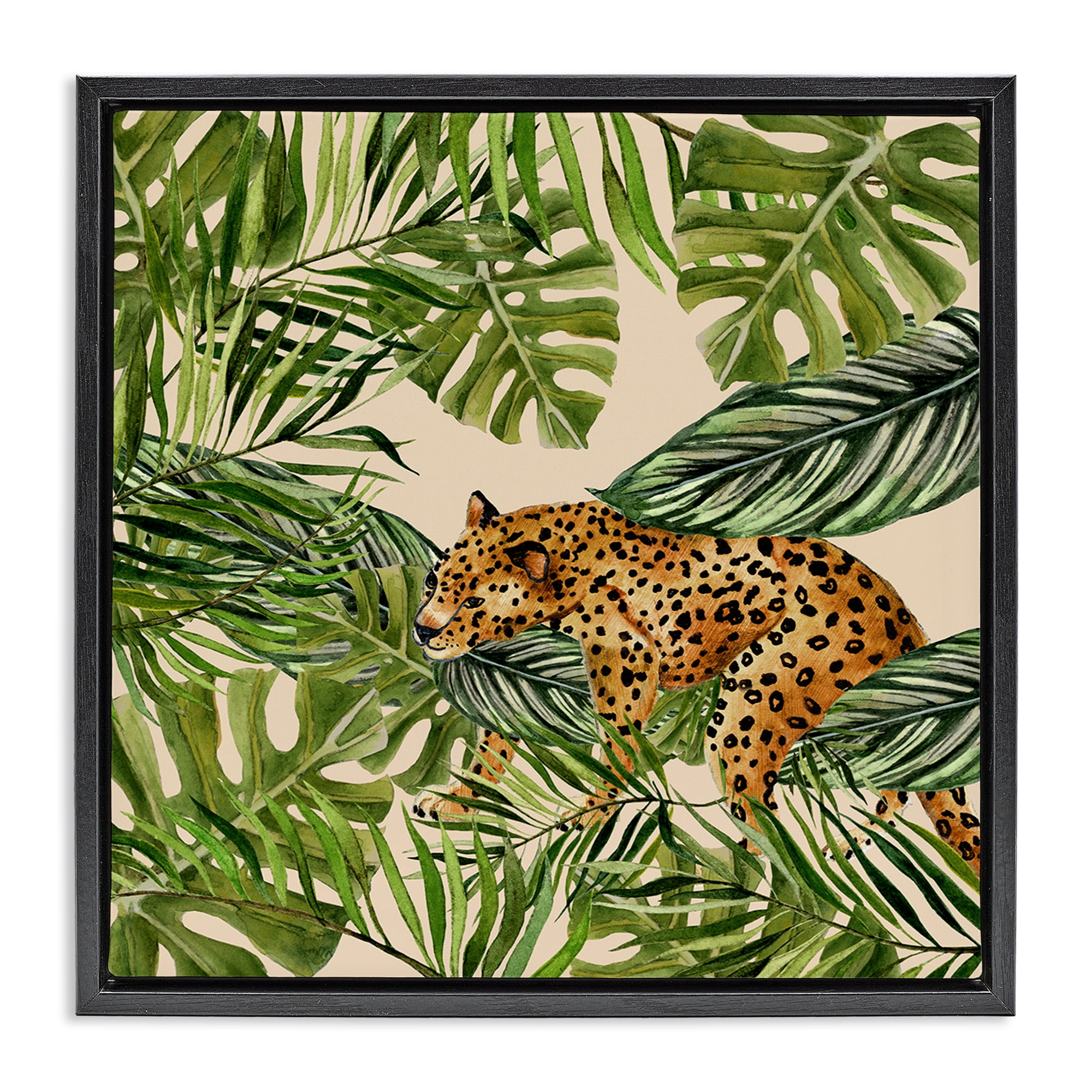 Stupell Industries Botanical Leopard on Branch Plants & Flowers Painting Black Floater Framed Canvas Art Print Wall Art, 18 x 18