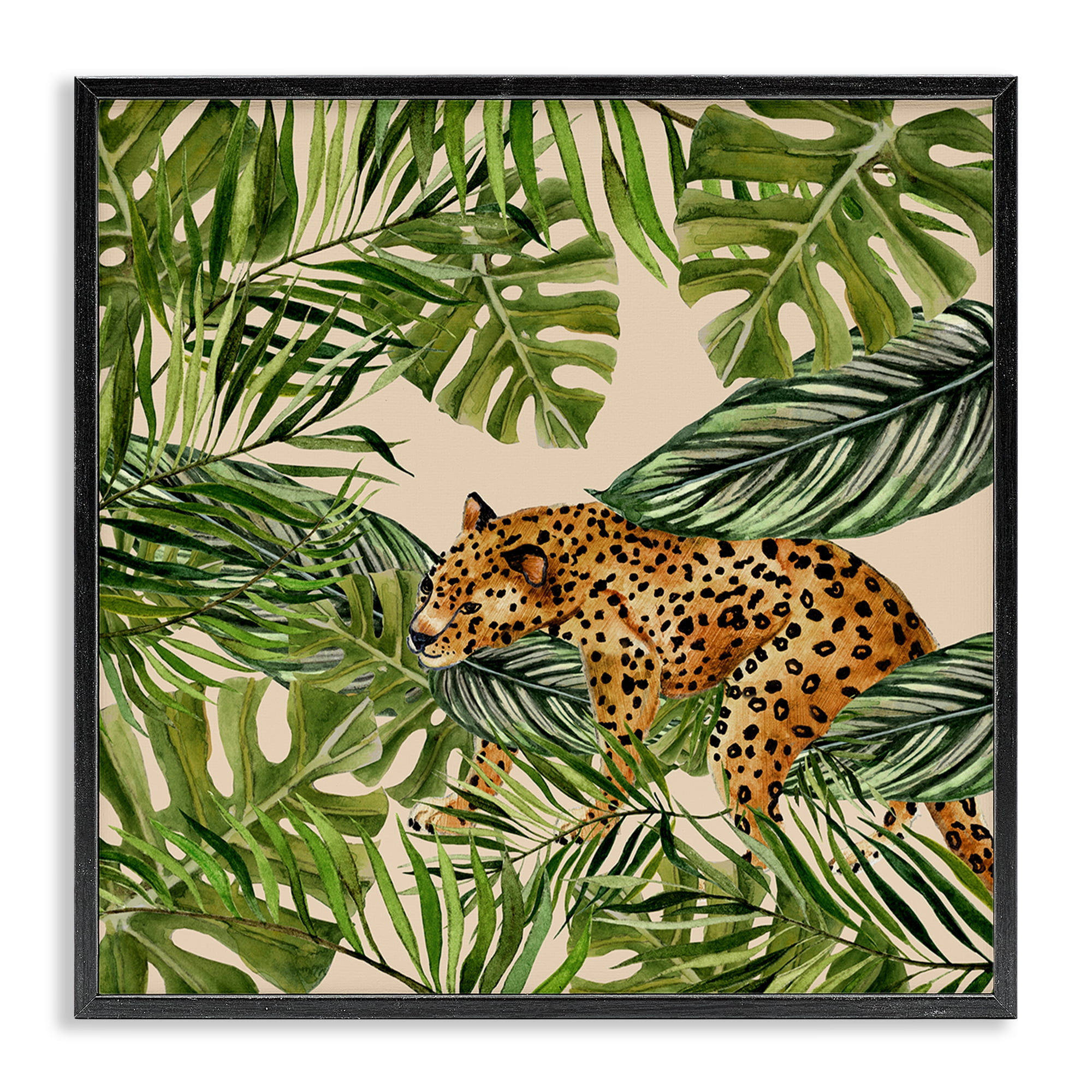Stupell Industries Botanical Leopard on Branch Plants & Flowers Painting Black Framed Art Print Wall Art, 17 x 17