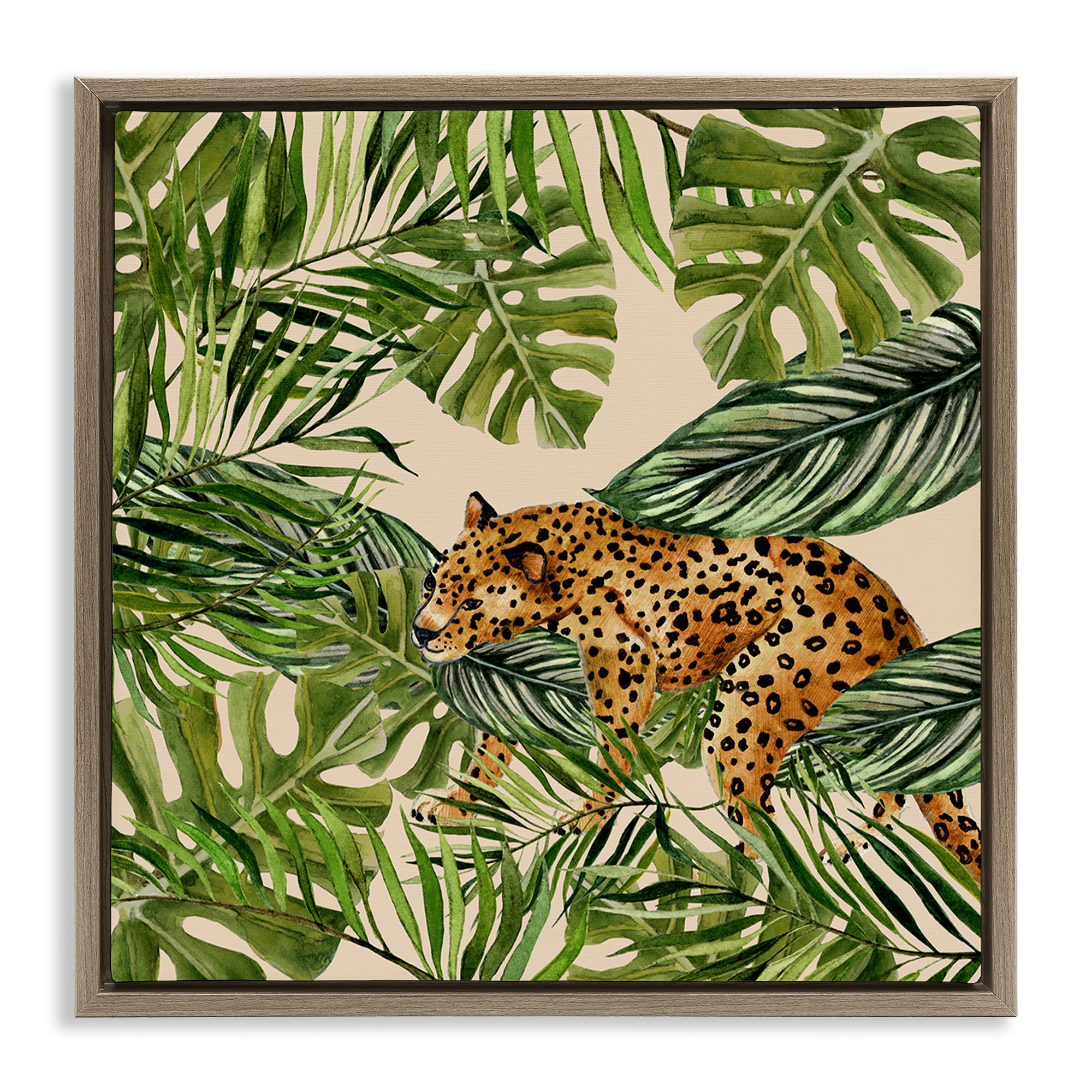 Stupell Industries Botanical Leopard on Branch Plants & Flowers Painting Brown Floater Framed Canvas Art Print Wall Art, 18 x 18