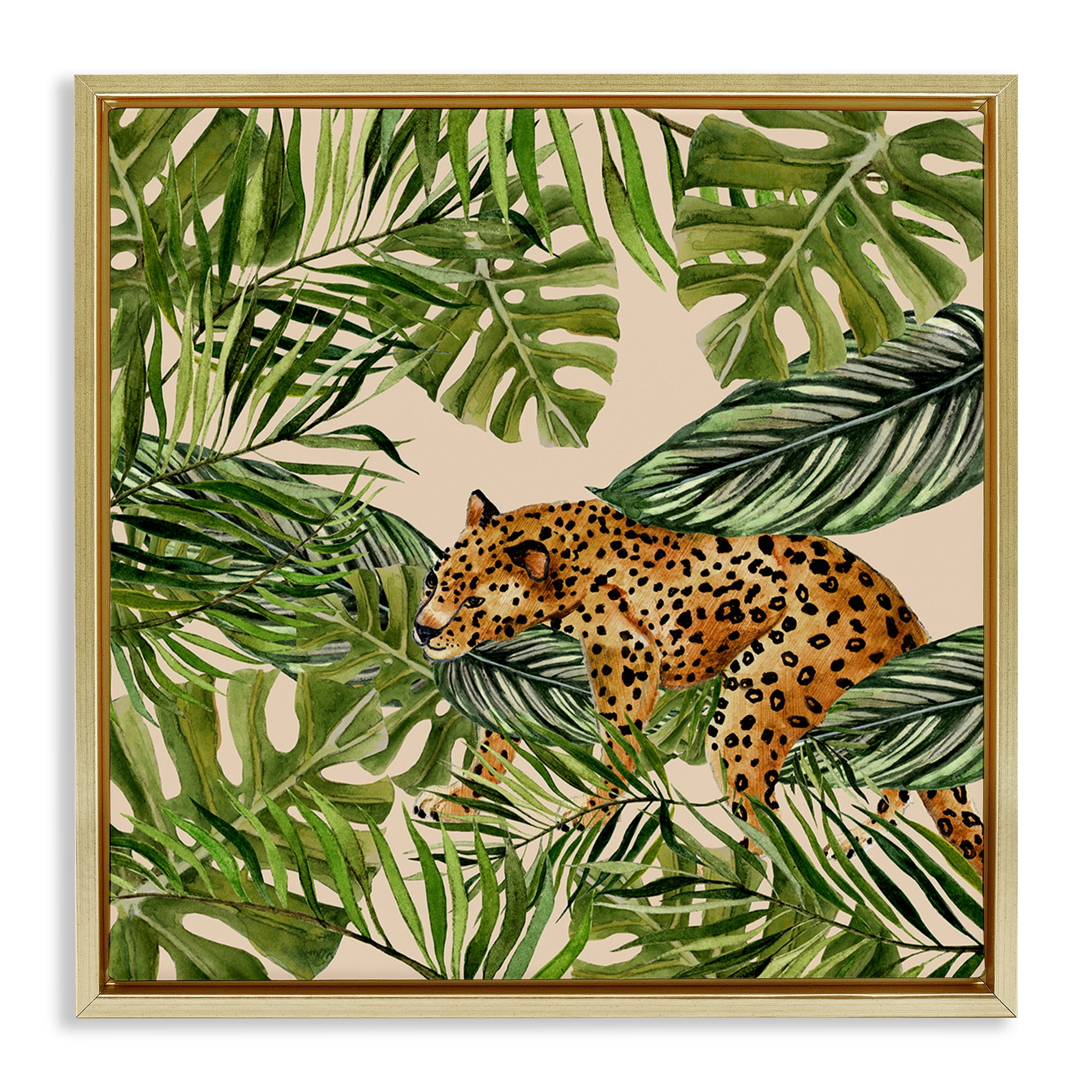 Stupell Industries Botanical Leopard on Branch Plants & Flowers Painting Gold Floater Framed Canvas Art Print Wall Art, 18 x 18