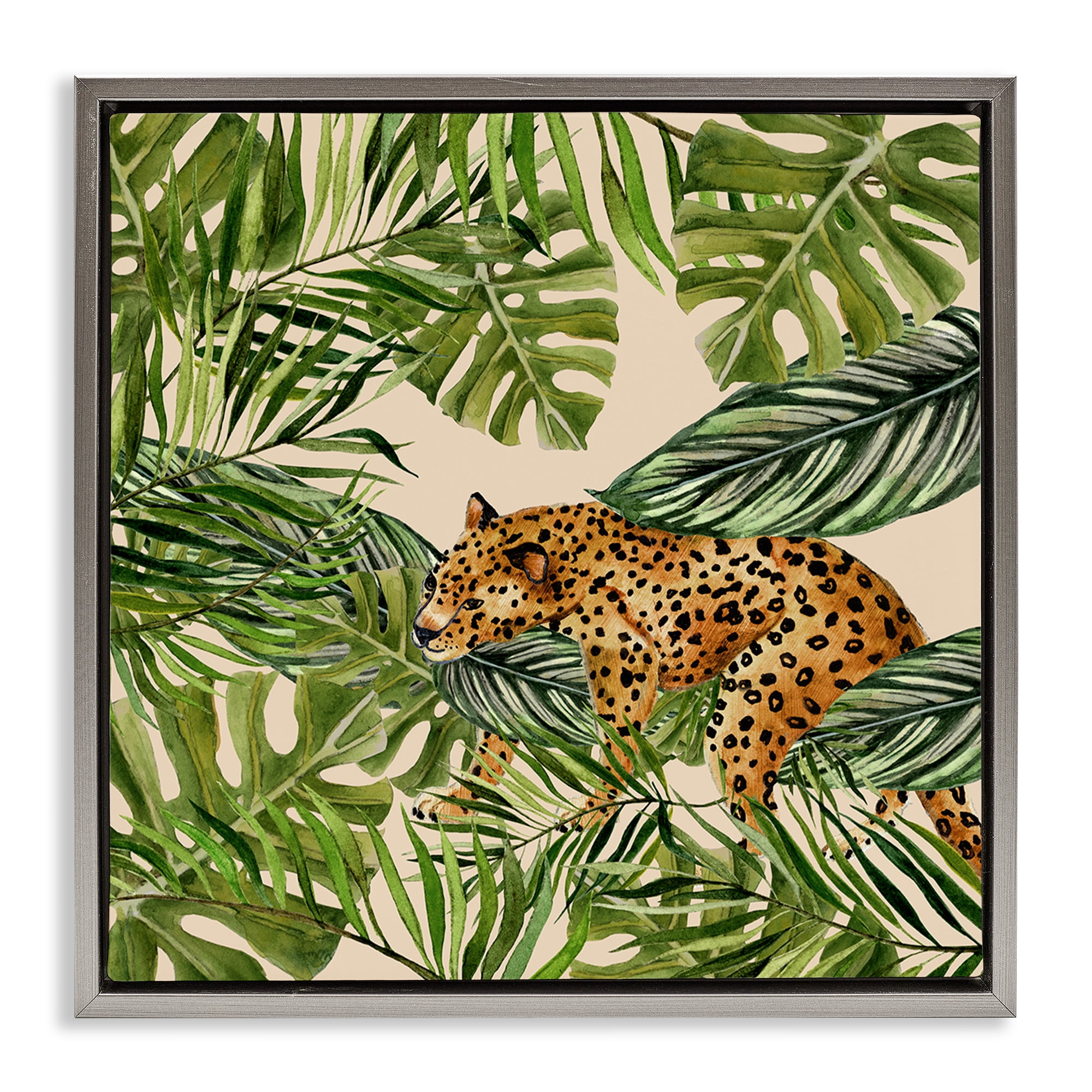 Stupell Industries Botanical Leopard on Branch Plants & Flowers Painting Gray Floater Framed Canvas Art Print Wall Art, 25 x 25