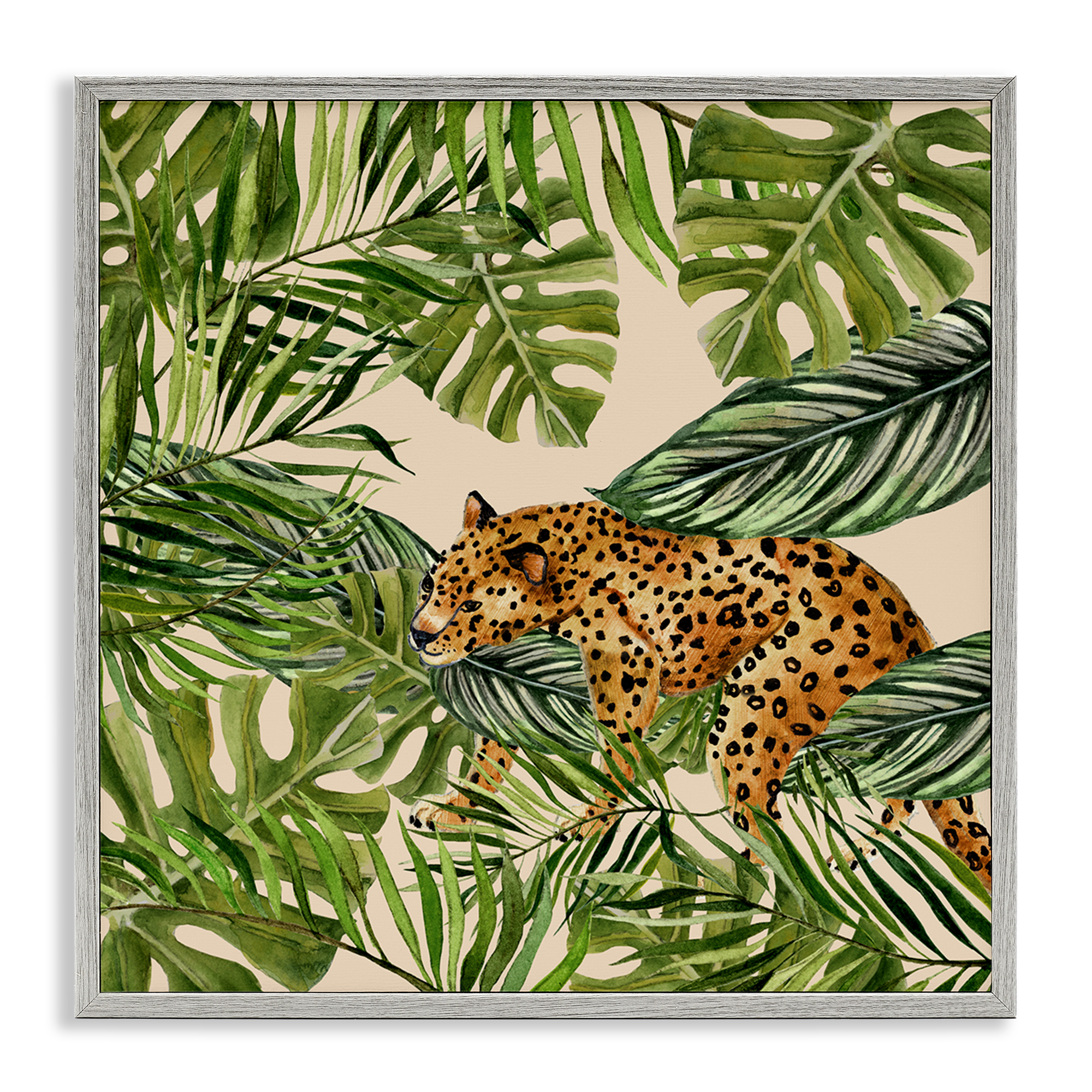 Stupell Industries Botanical Leopard on Branch Plants & Flowers Painting Gray Framed Art Print Wall Art, 24 x 24