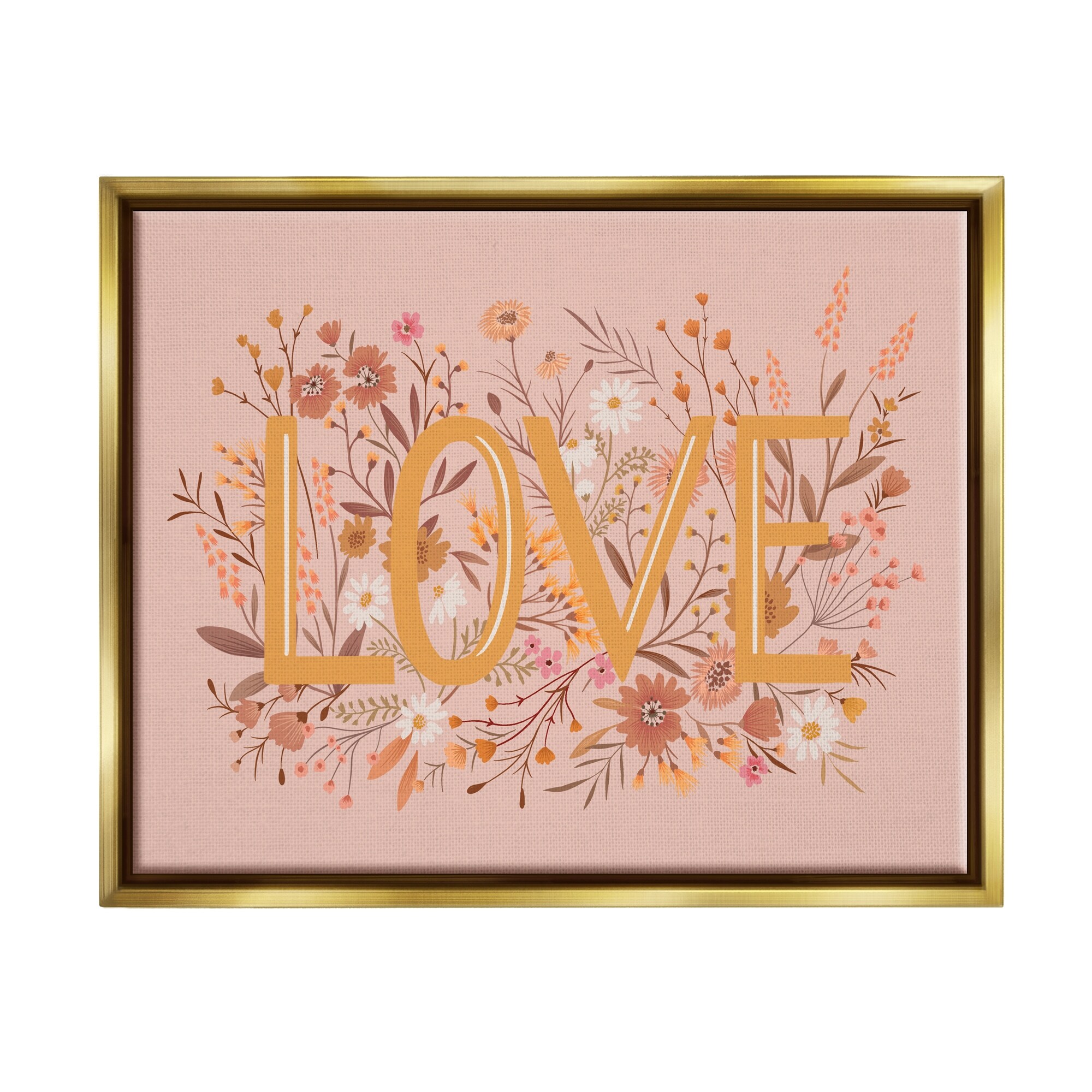Stupell Industries Botanical Love Typography Delicate Floral Details Graphic Art Metallic Gold Floating Framed Canvas Print Wall Art, Design by Heather McLaughlin