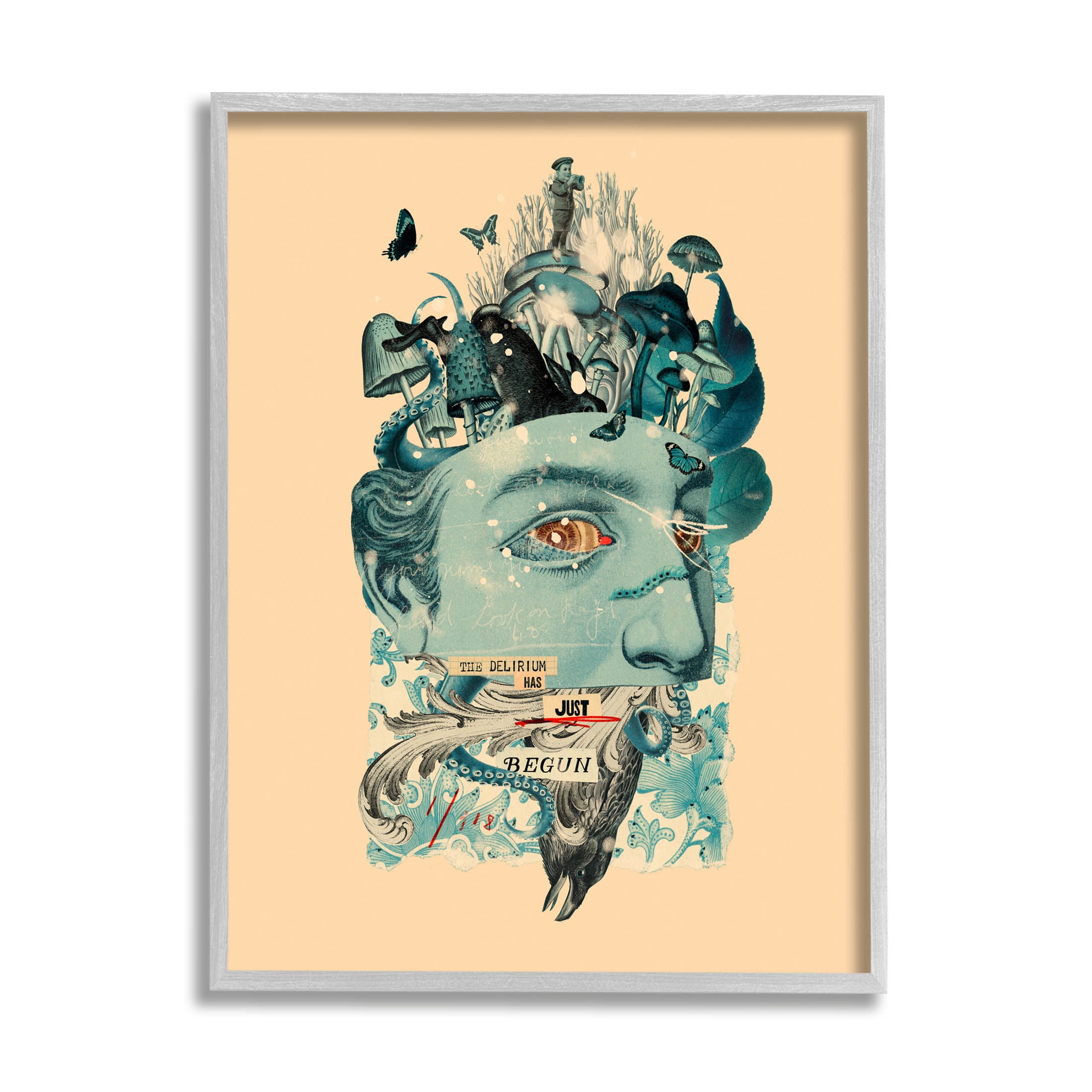 Stupell Industries Botanical Mushroom Man Surreal Collage Graphic Art Gray Framed Art Print Wall Art, Design by Matheus Lopes Castro