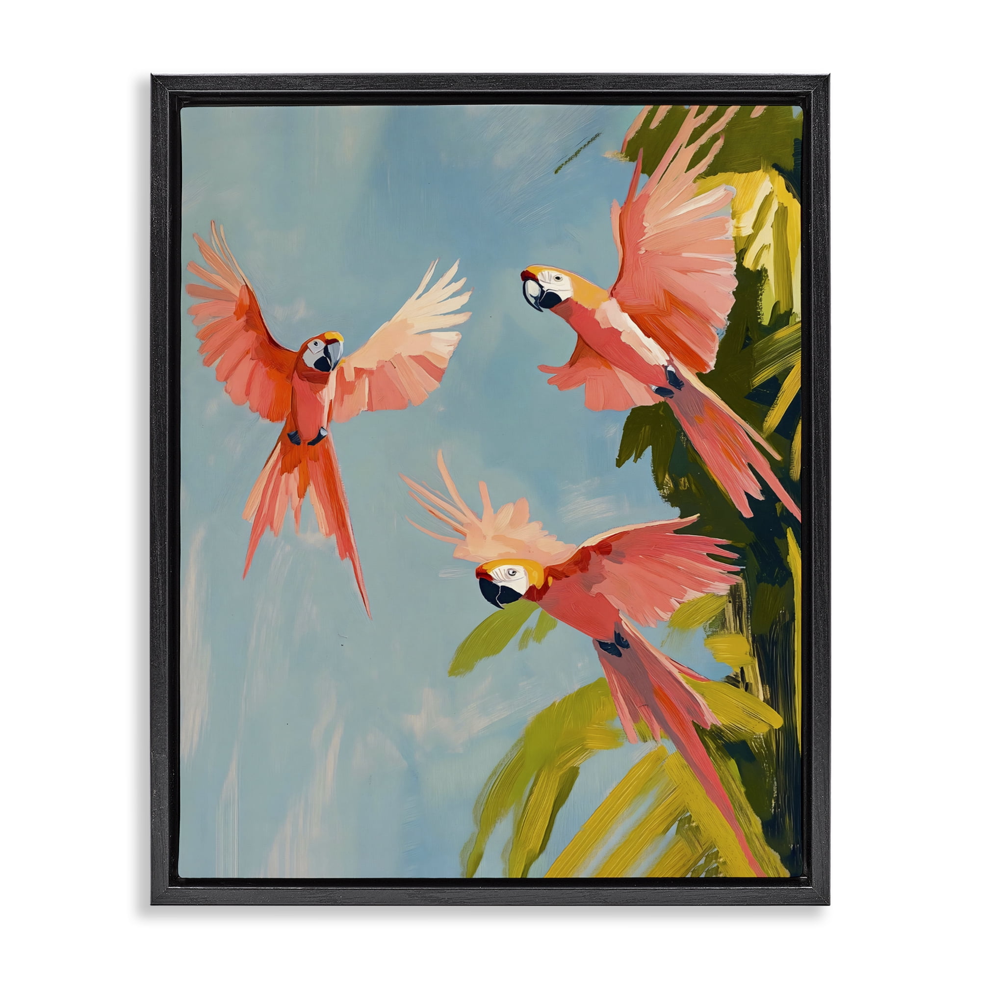 Stupell Industries Botanical Parrots in Flight Black Framed Floater Canvas Wall Art, design by The Prints Vibe
